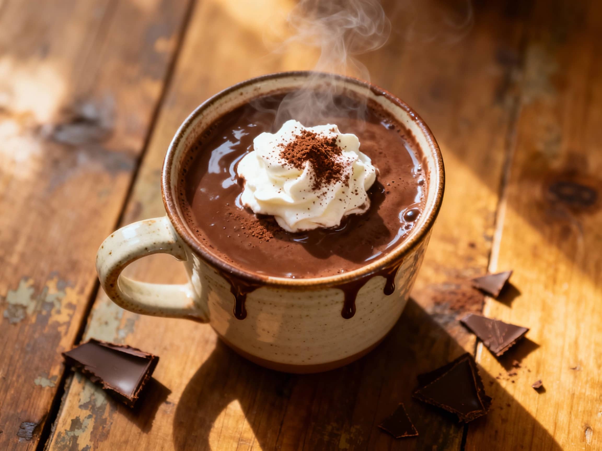 A steaming cup of rich, dark French hot chocolate topped with a thick swirl of whipped cream and a delicate dusting of cocoa powder sits on a white saucer.