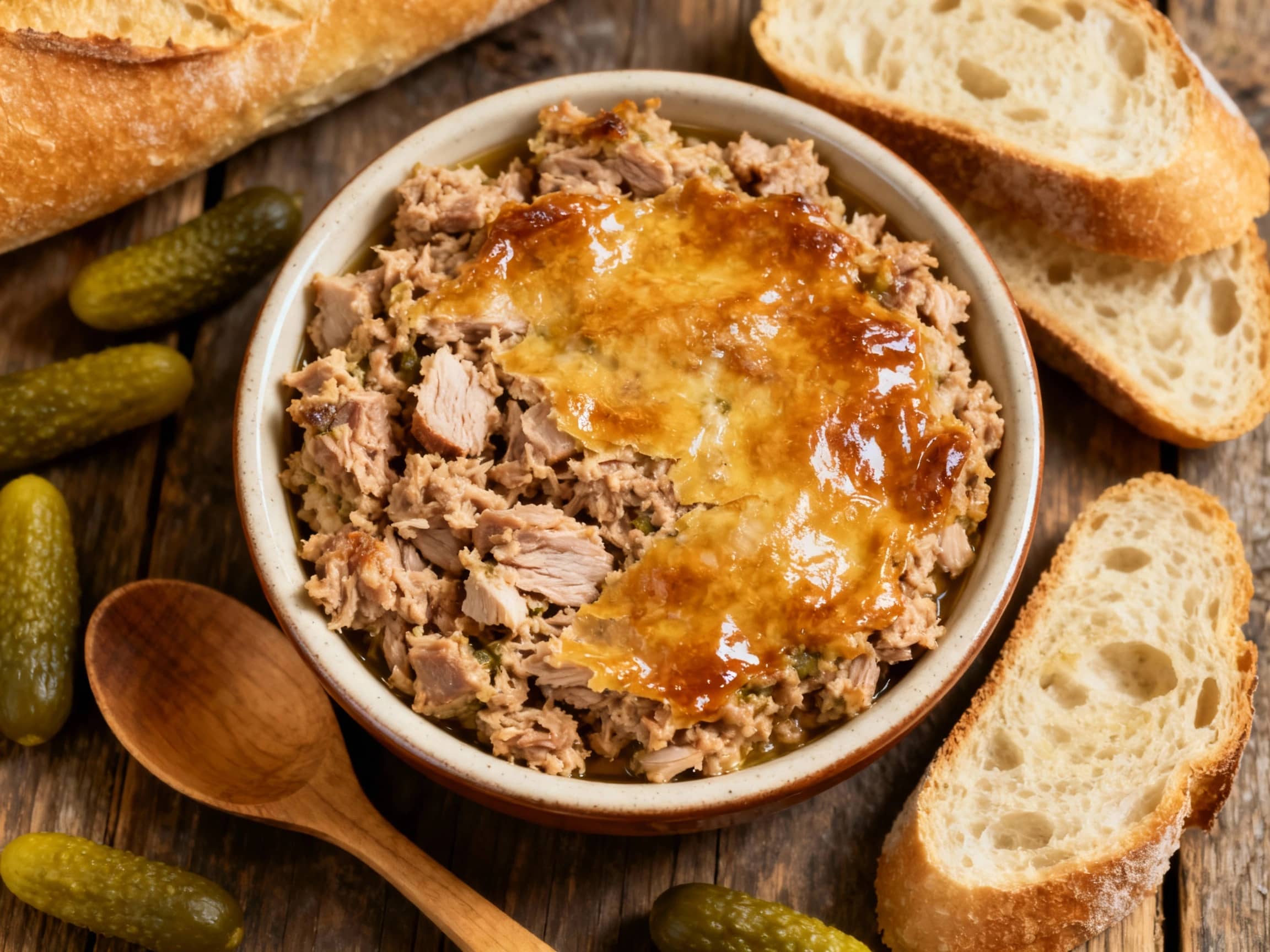 Rustic, pale pink pork rillettes are generously scooped into a ceramic crock, glistening slightly and topped with a few fresh thyme sprigs for a tempting, savory appetizer.