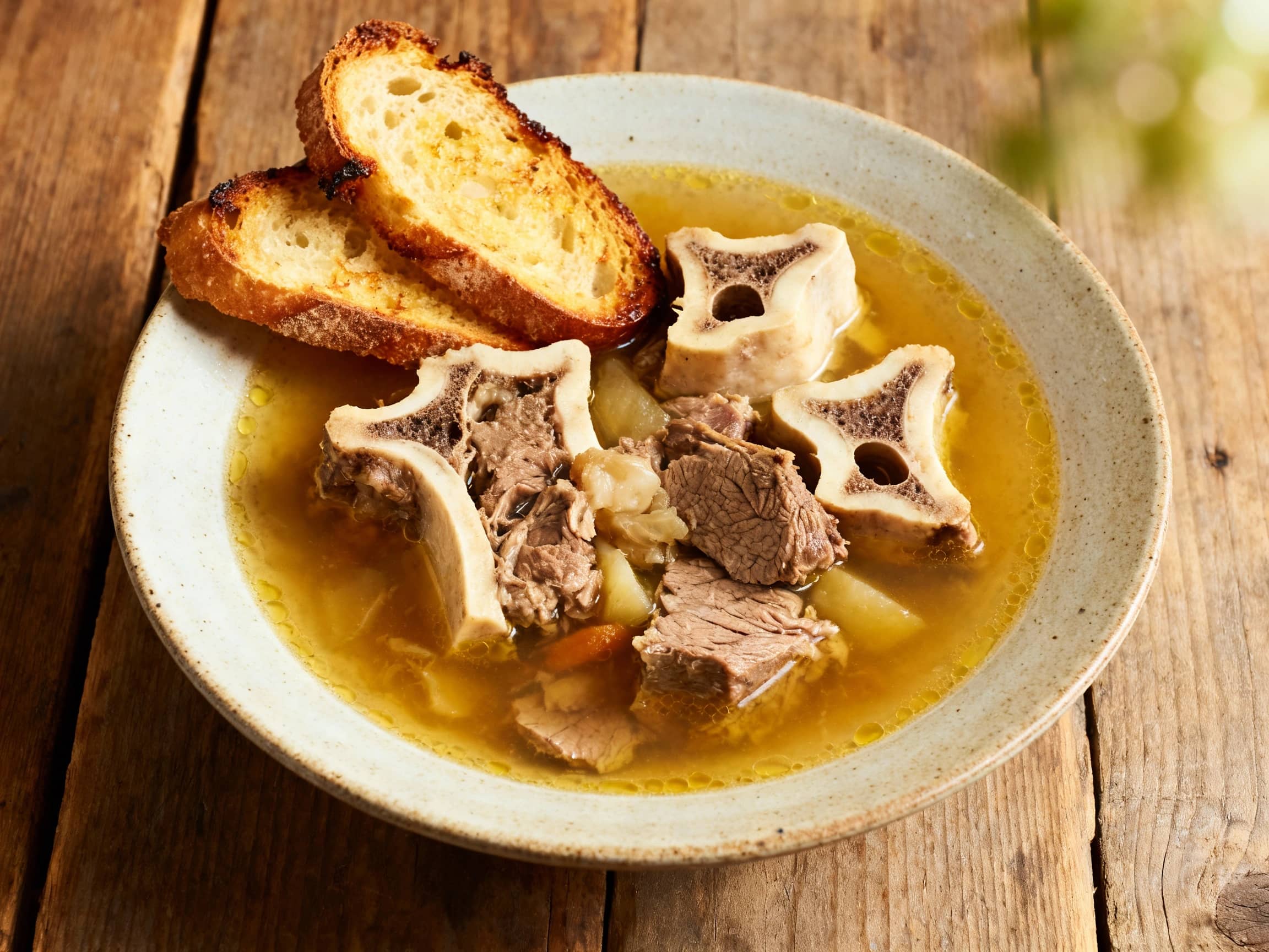 A rustic Dutch oven filled with tender beef, root vegetables, and fragrant herbs, served with crusty baguette slices topped with rich, glistening bone marrow.