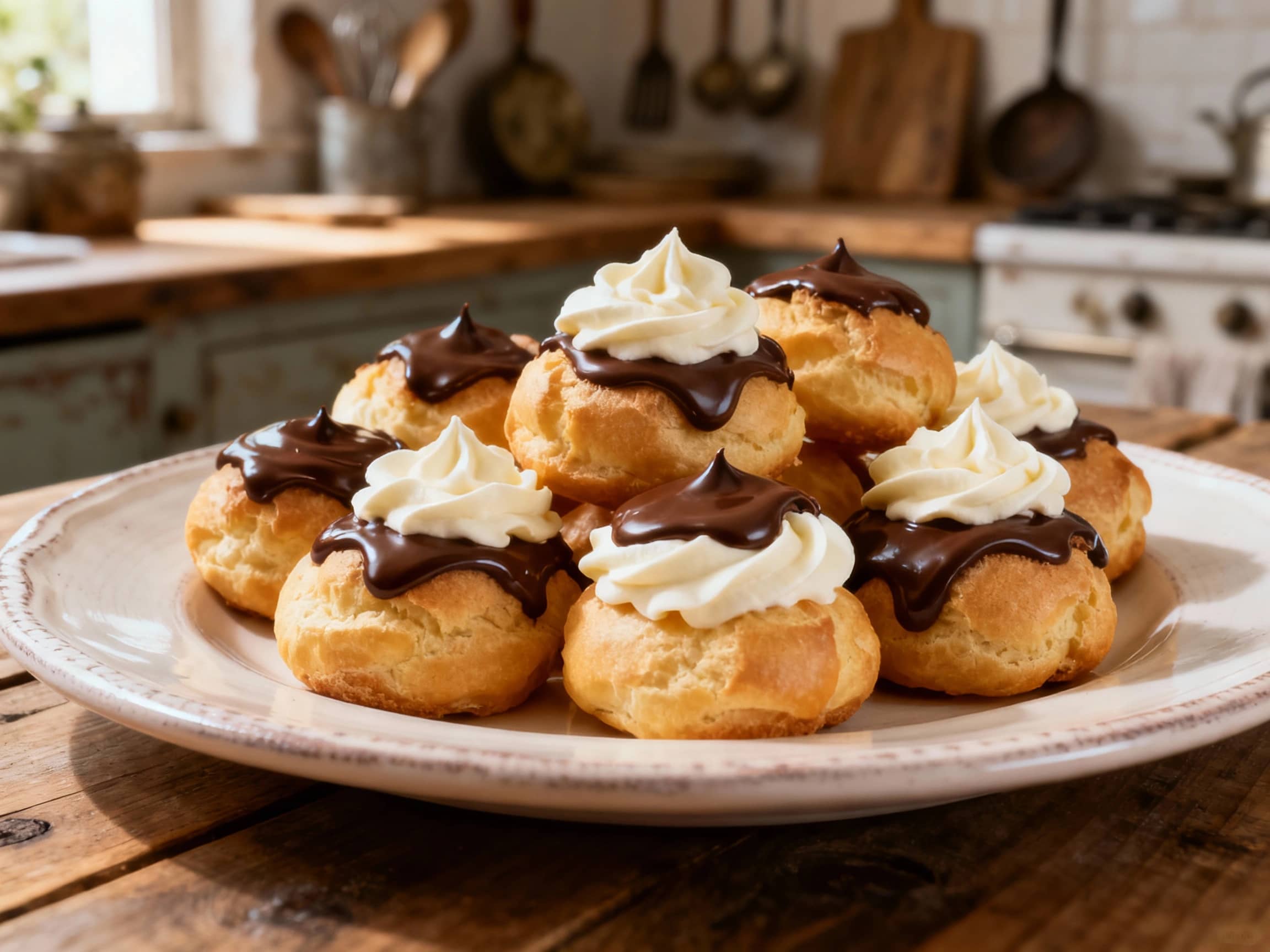 Golden-brown profiteroles are artfully stacked and drizzled with glossy chocolate ganache, topped with a dollop of fluffy vanilla chantilly cream and a delicate chocolate curl.