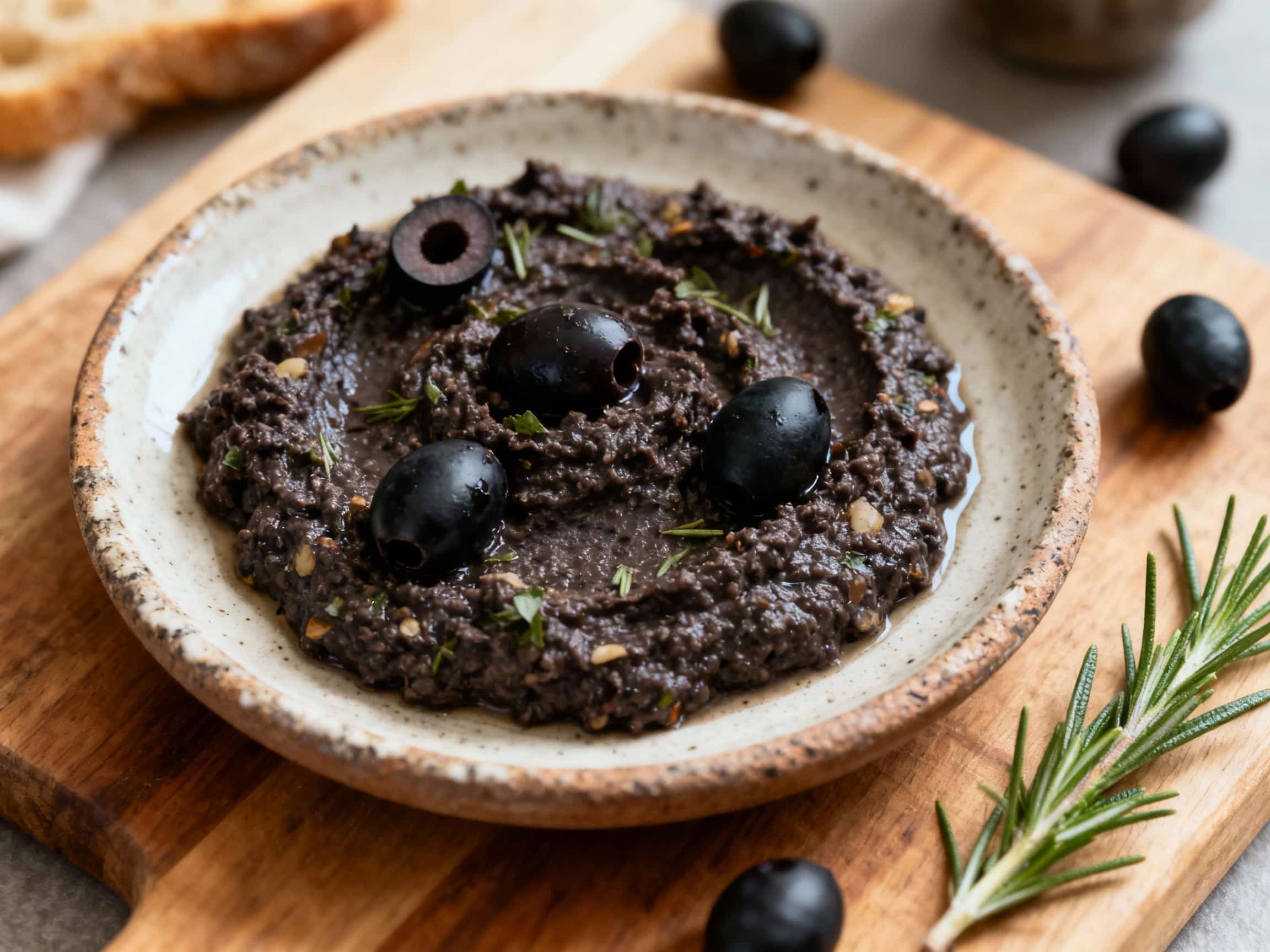 A rustic, earthenware bowl overflows with a chunky, dark Provençal tapenade, glistening with olive oil and garnished with fresh thyme sprigs, ready to be spread on crusty bread.