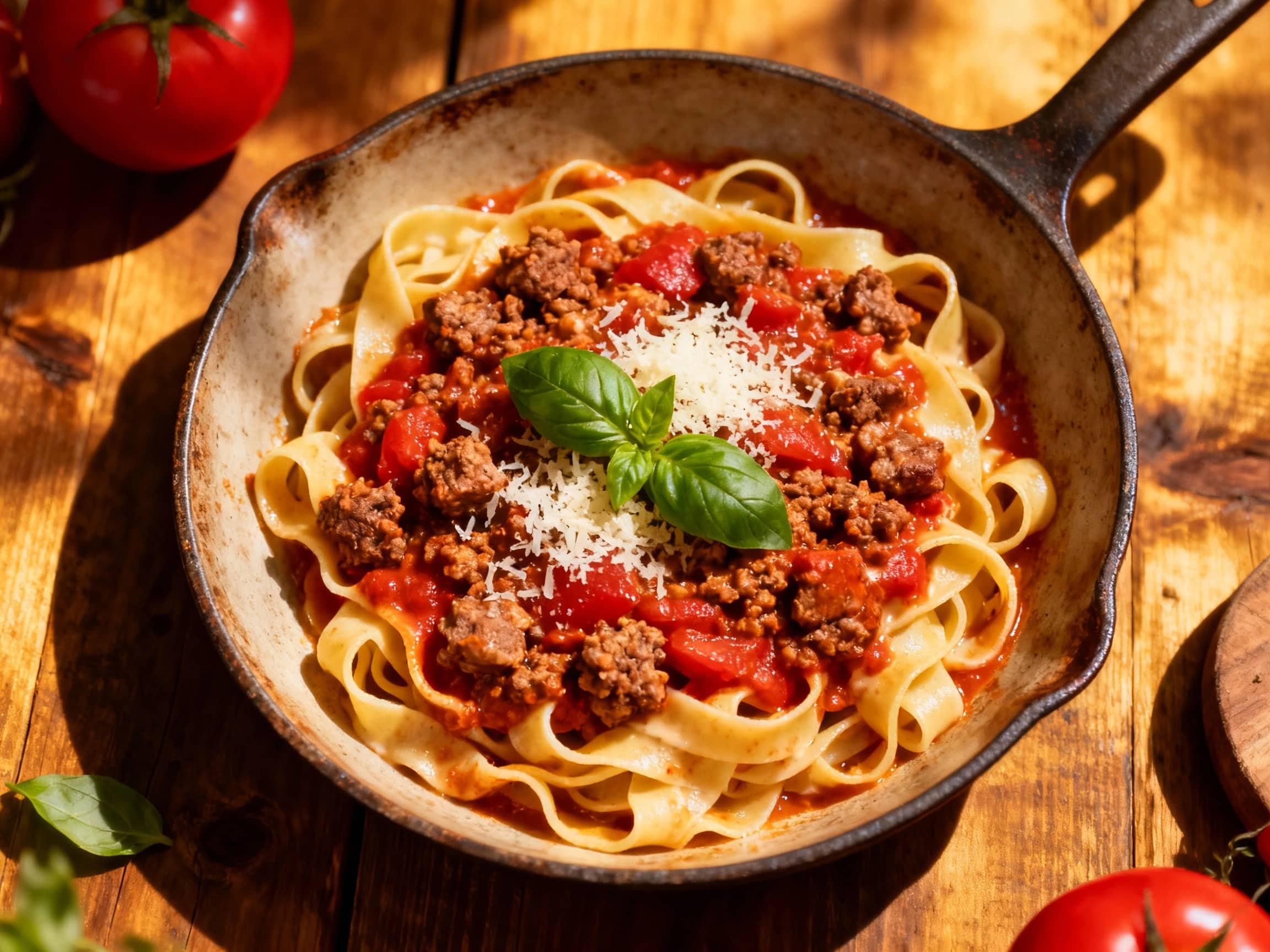 A rich, rustic red ragù is plated in a shallow white bowl, topped generously with freshly grated Parmesan cheese and a few bright green basil leaves for a vibrant contrast.