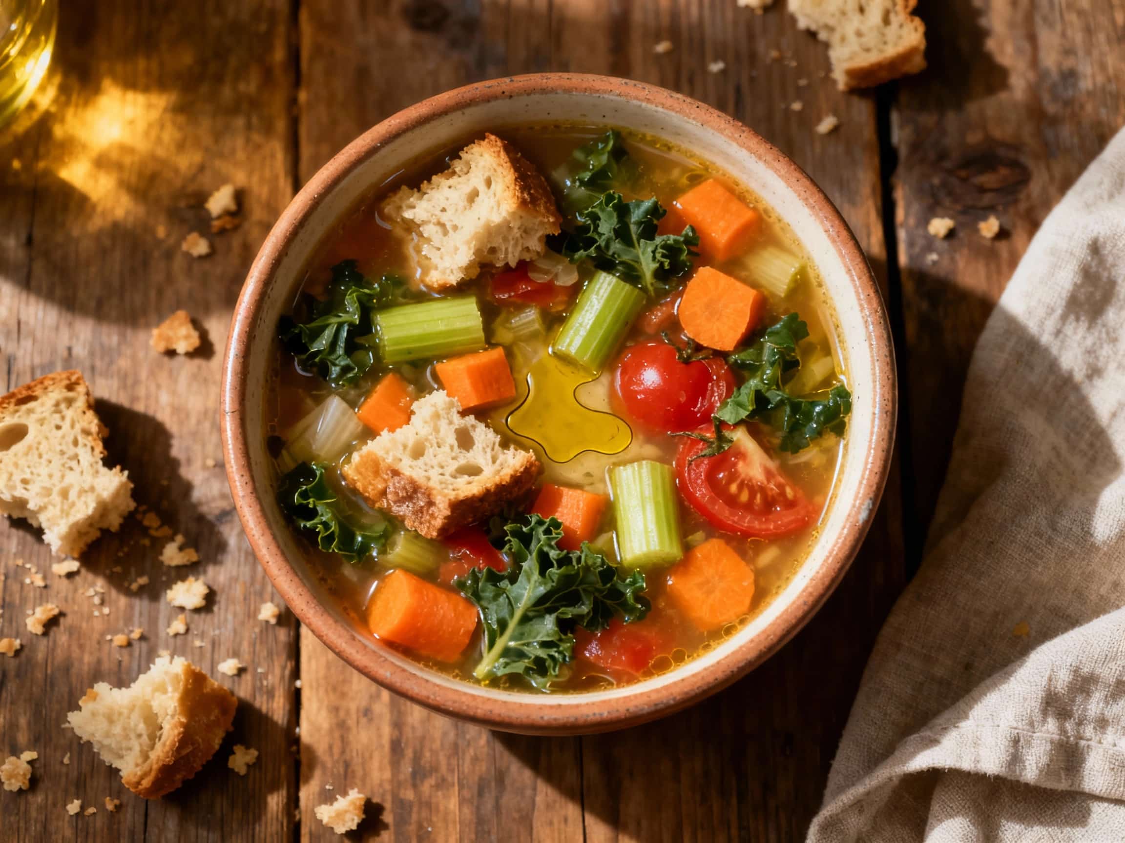 A generous, steaming bowl of hearty Tuscan ribollita soup is topped with a drizzle of olive oil and fresh parsley, radiating warmth and rustic comfort.