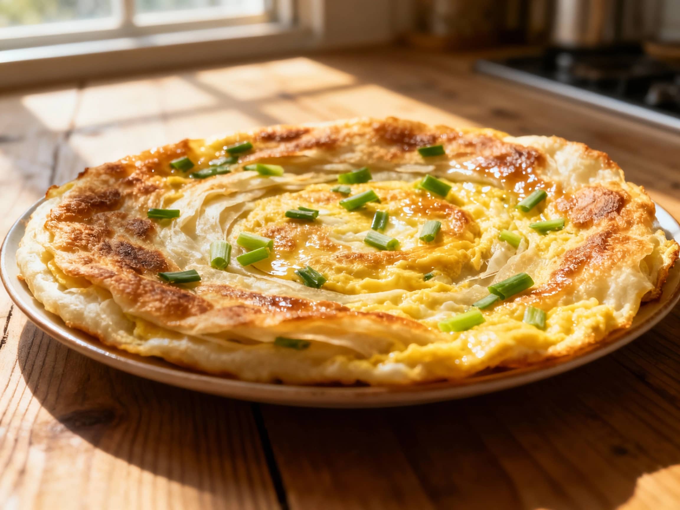 A golden-brown, thinly rolled Taiwanese scallion pancake omelet is sliced and fanned out, revealing layers of tender dough and fresh green onions.