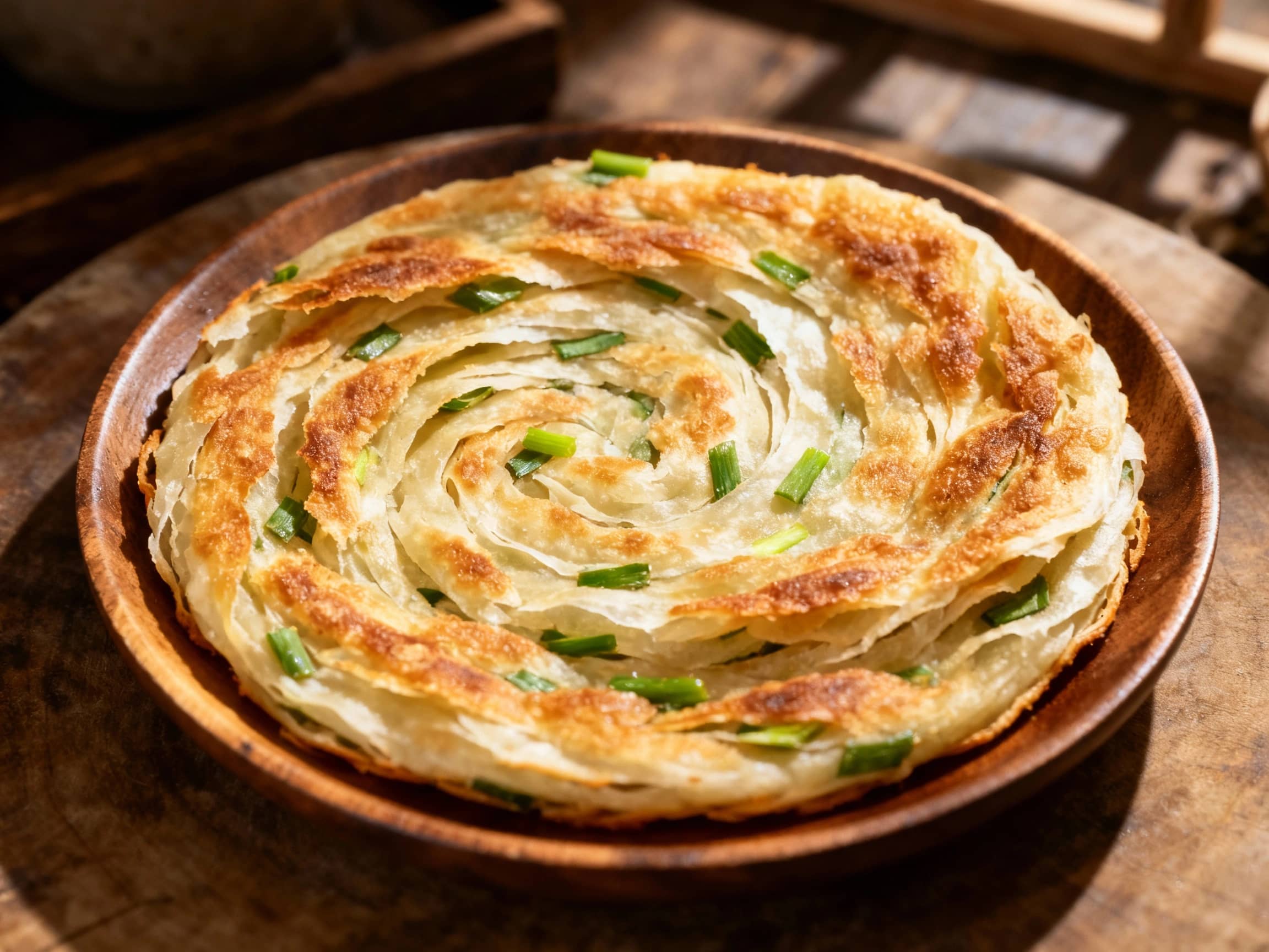 Golden-brown, pan-fried scallion pancakes are stacked invitingly, showcasing their flaky layers and sprinkled with fresh green scallions.
