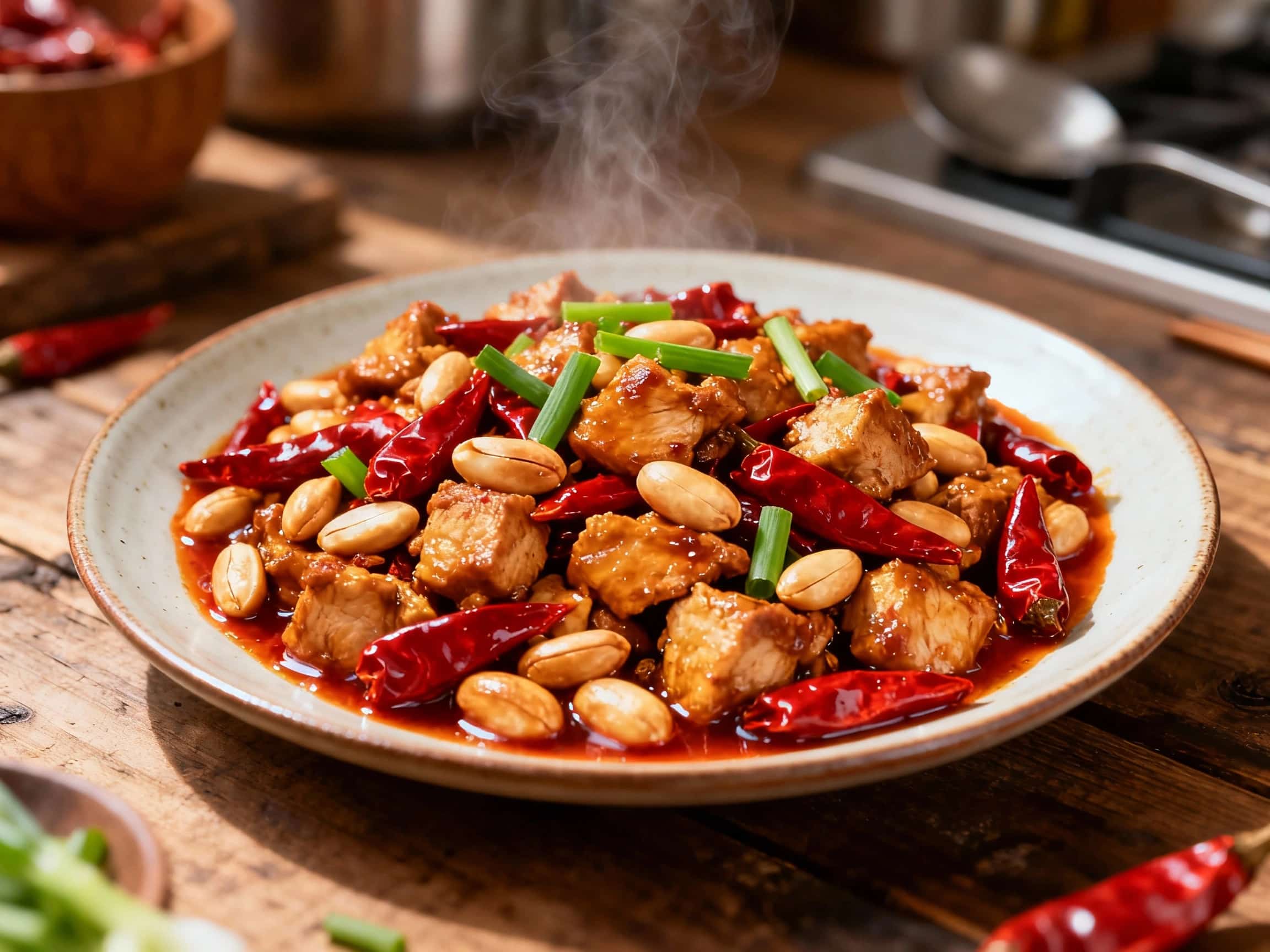 A vibrant, wok-tossed Kung Pao chicken glistens with a glossy, deep red sauce, studded with crunchy peanuts, fiery dried chilies, and fresh green scallions, served in a rustic bowl.