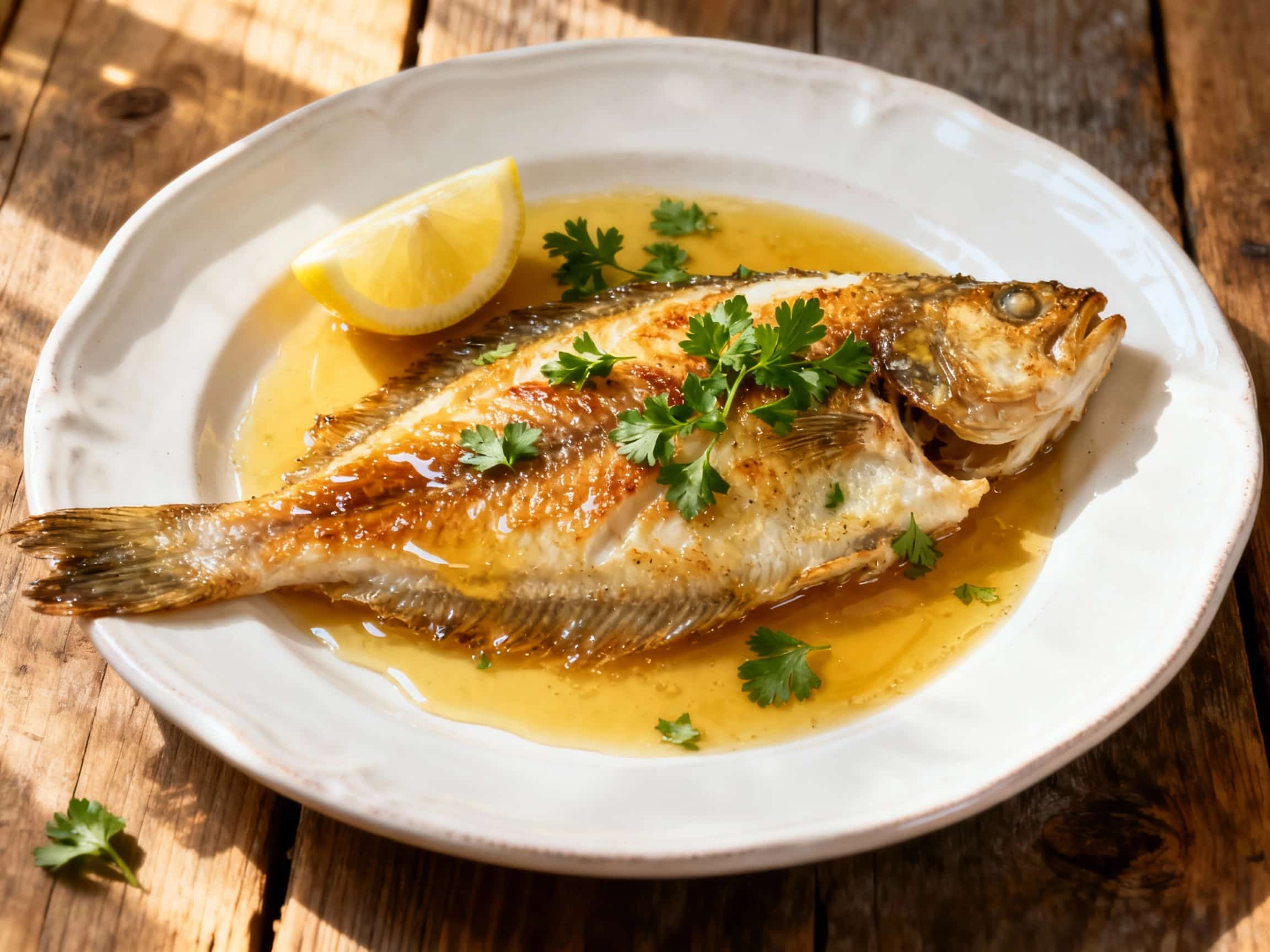 A perfectly golden-brown Classic Sole Meunière, garnished with fresh green parsley and capers, drenched in a rich brown butter sauce, served on a white plate with bright yellow lemon wedges and tender new potatoes. The dish looks elegant and inviting, reminiscent of a fine dining experience in a French bistro.