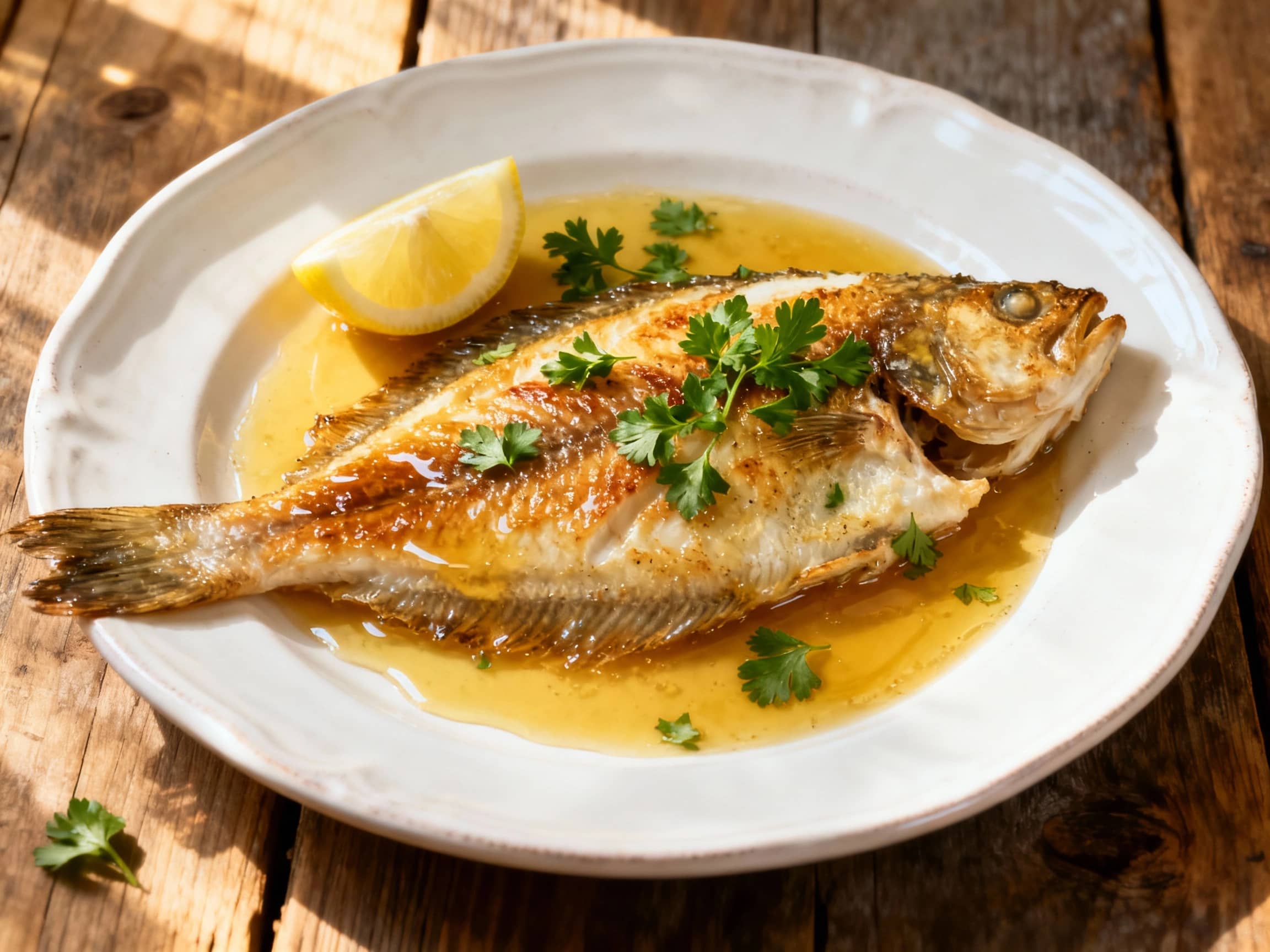 A perfectly golden-brown Classic Sole Meunière, garnished with fresh green parsley and capers, drenched in a rich brown butter sauce, served on a white plate with bright yellow lemon wedges and tender new potatoes. The dish looks elegant and inviting, reminiscent of a fine dining experience in a French bistro.