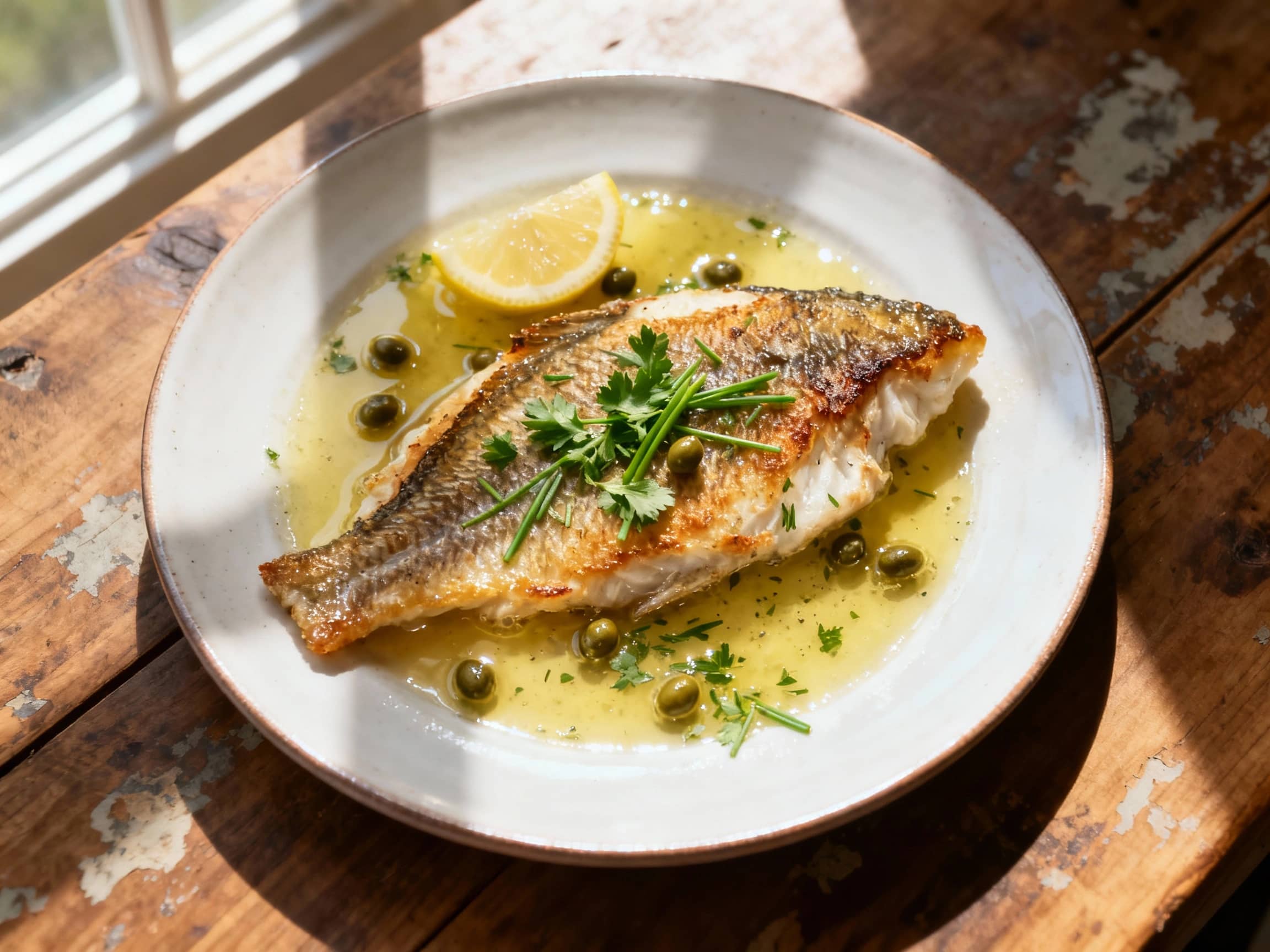 A delicate piece of sole, pan-seared to a golden-brown perfection, rests bathed in a rich, buttery lemon-caper sauce, garnished with vibrant green herbs, ready to be enjoyed.