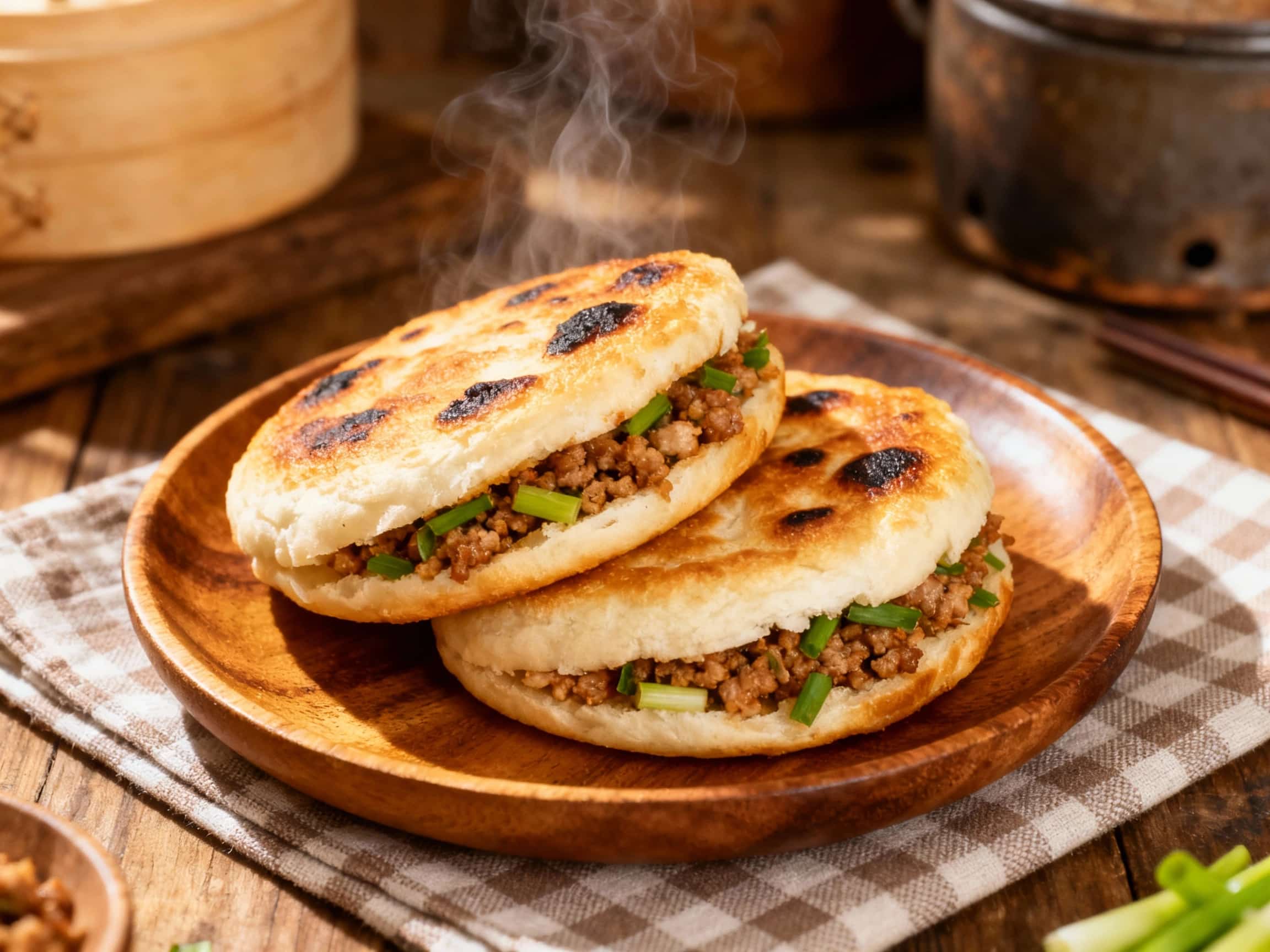 A gloriously browned, slightly blistered Songshan pepper bun rests on a dark surface, its crust promising a satisfyingly crisp bite, served with artistic lighting that highlights its rustic charm.