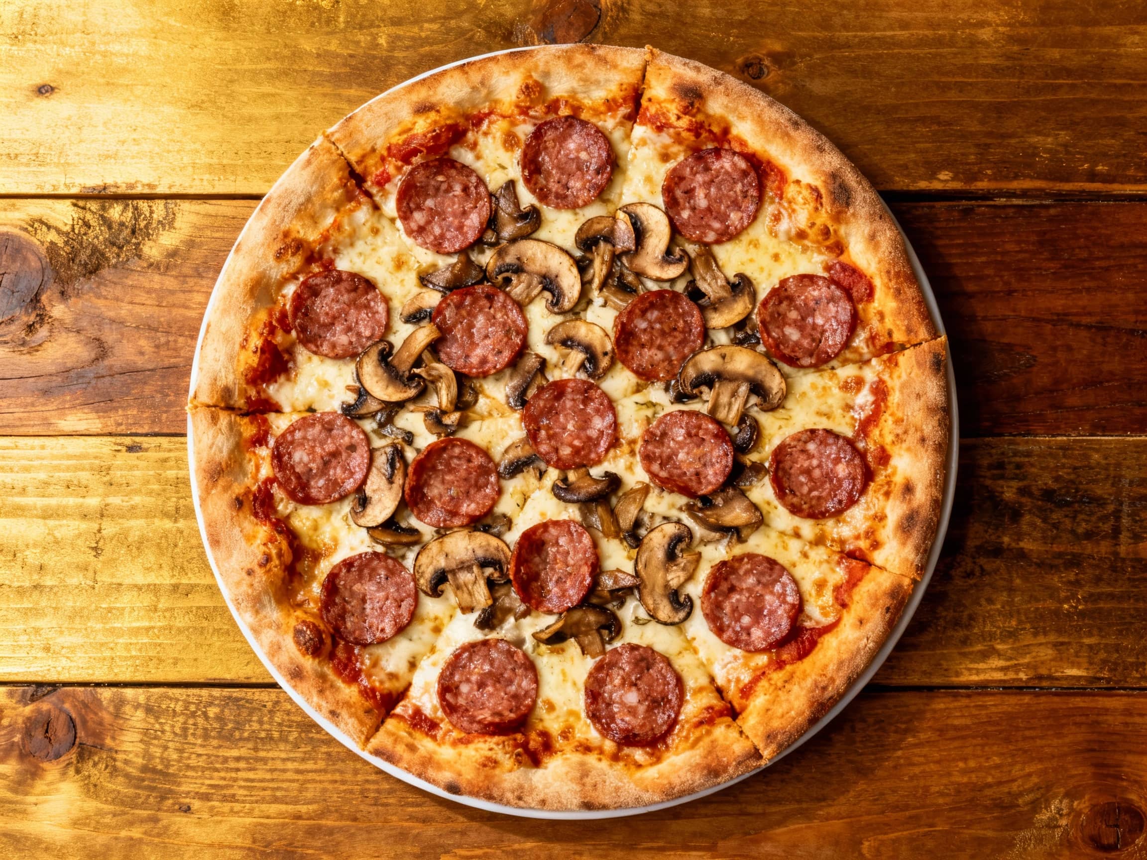 A Classic St. Louis Sausage and Mushroom Pizza, featuring a golden, super-thin, crispy crust generously topped with melted, bubbly Provel cheese, savory crumbled Italian sausage, and earthy sliced mushrooms. The pizza is presented on a wooden cutting board, already cut into traditional square-shaped pieces, ready to be enjoyed, reflecting the unique style of St. Louis pizza.