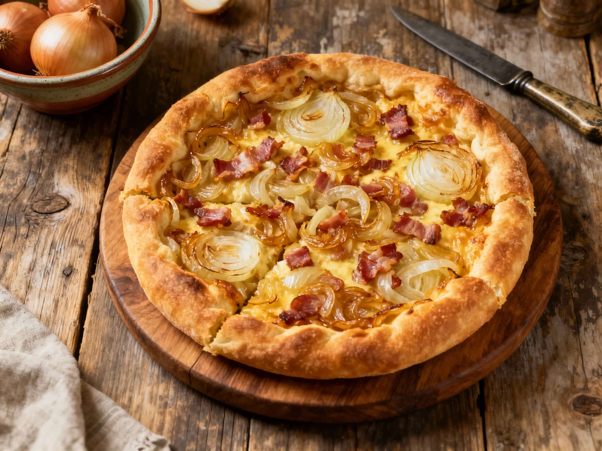 A rustic, golden-brown yeast-dough tart is generously topped with deeply caramelized onions and a sprinkle of fresh herbs, ready to be sliced and enjoyed.