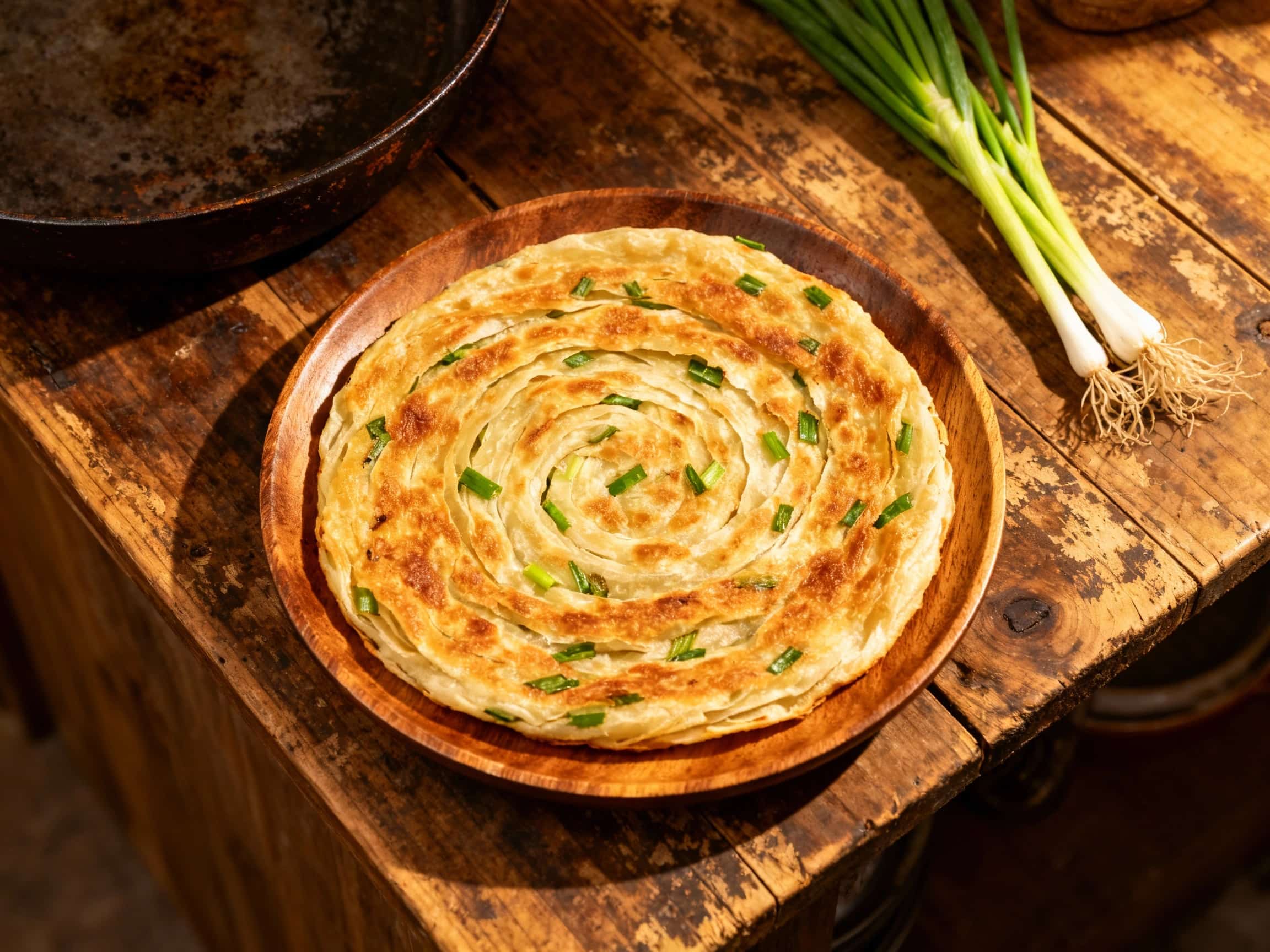 Golden-brown, crispy scallion pancakes are piled high on a rustic plate, glistening with oil and sprinkled with fresh green scallions, ready to be dipped in sauce.