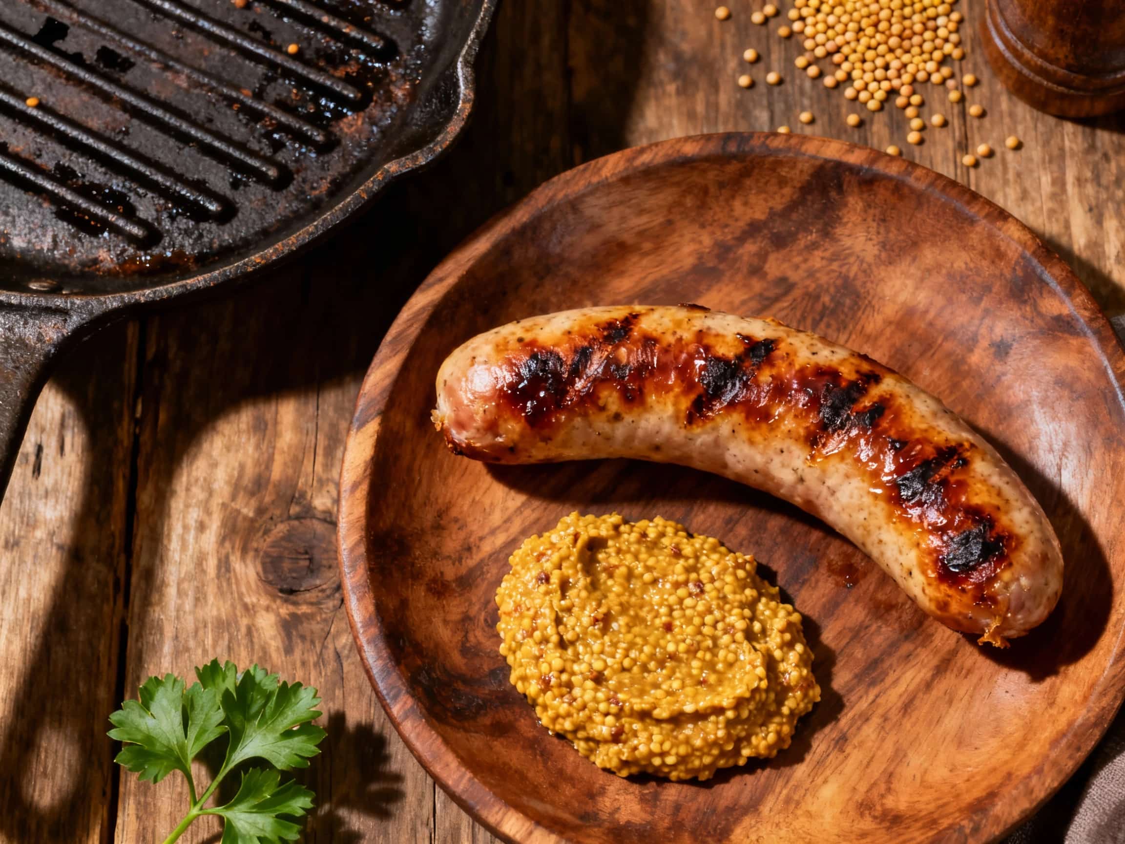 A perfectly grilled Thüringer Rostbratwurst rests on a white plate, glistening with char marks, next to a dollop of grainy mustard and a scattering of fresh parsley.