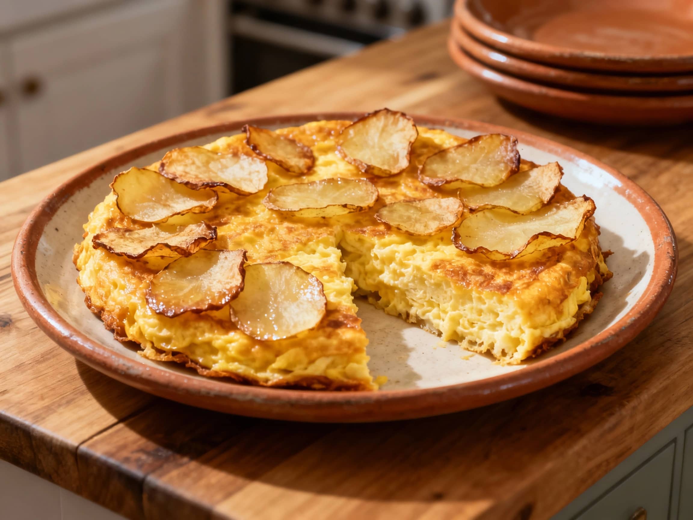 A golden-brown Spanish tortilla, thick and fluffy, sits sliced on a rustic wooden board, garnished with fresh parsley and a drizzle of olive oil, ready to be served.
