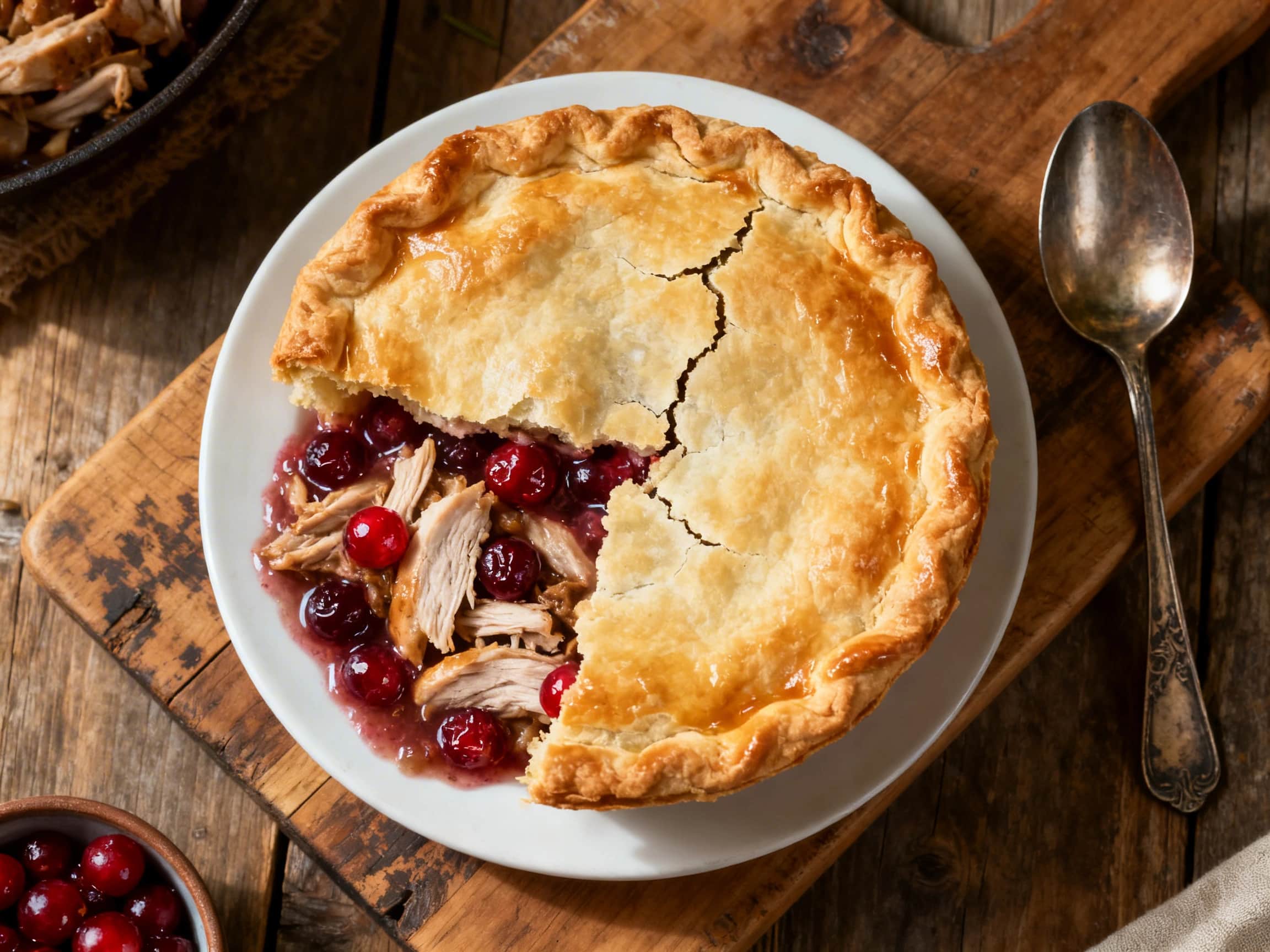 A beautifully baked Classic Turkey and Cranberry Pot Pie, boasting a golden, flaky crust, sits on a rustic wooden table. A generous slice has been removed, revealing a hearty filling of tender turkey pieces, bright red cranberries, diced carrots, and green peas immersed in a creamy, herb-infused gravy. The pie dish is warm, and steam subtly rises from the cut portion, highlighting the comforting a