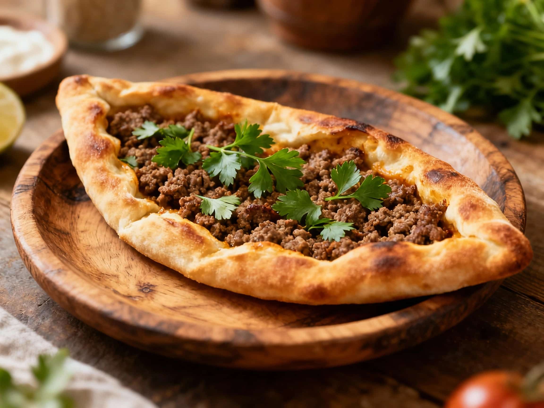 A warm, golden-brown Turkish pide pizza, shaped like a boat, is generously topped with savory minced lamb, chopped tomatoes, and fresh parsley, glistening under soft kitchen lighting.