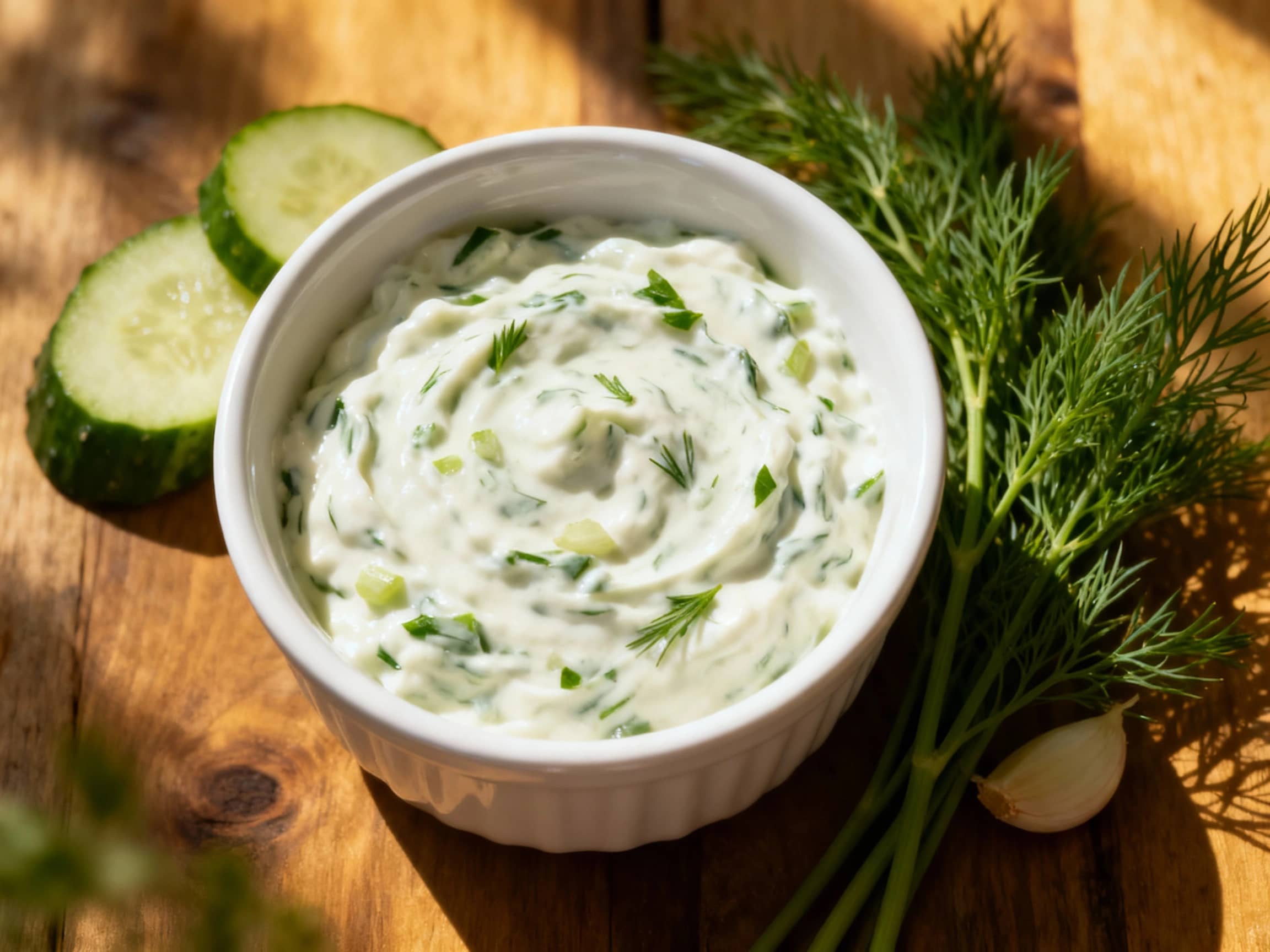 A creamy, white tzatziki dip is generously dolloped into a rustic ceramic bowl, topped with fresh chopped parsley and a drizzle of olive oil, ready for dipping.