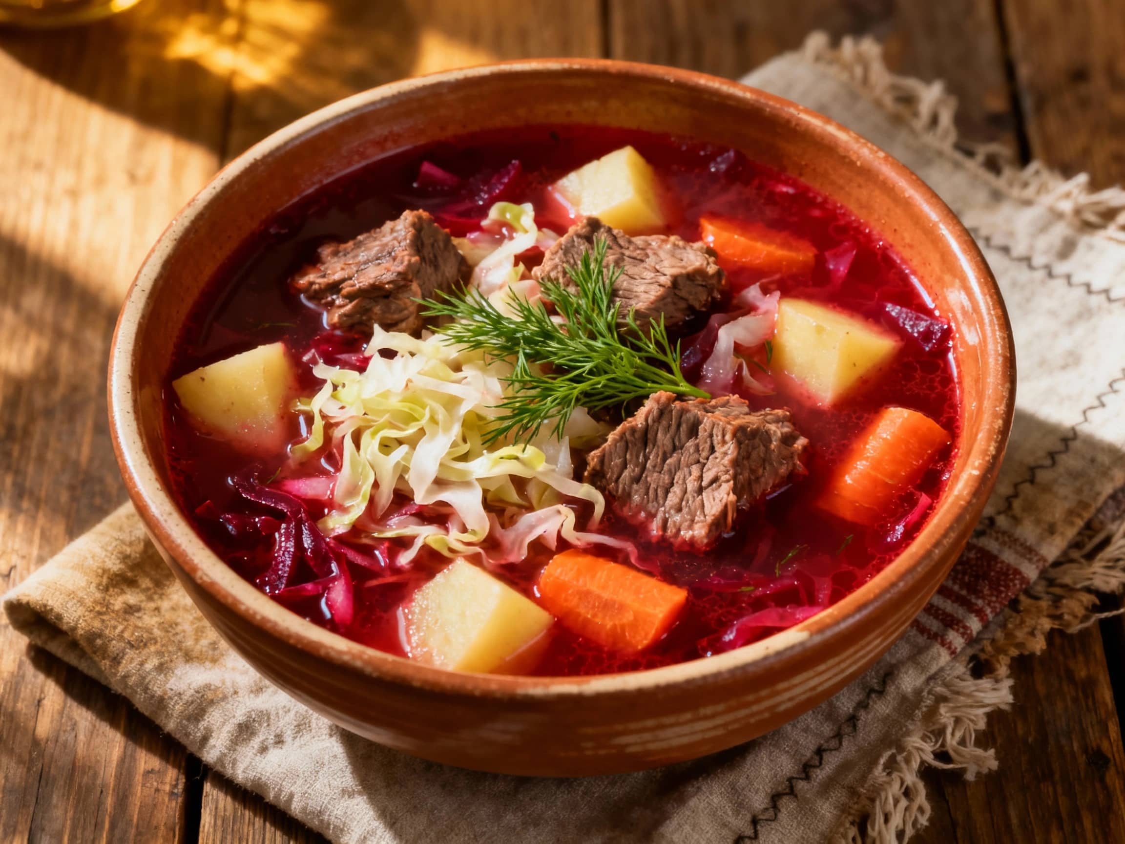 A hearty bowl of steaming, deep red borscht is garnished with a dollop of sour cream and fresh dill, evoking a warm and comforting feeling.