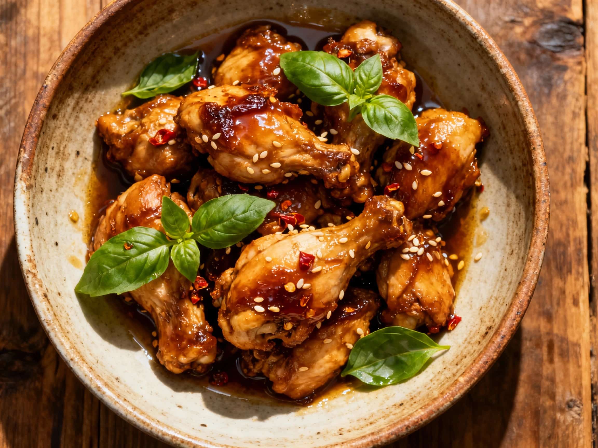 A rich, glossy caramelized chicken is wok-fried with basil, red chilies, and soy sauce, served in a rustic clay pot.