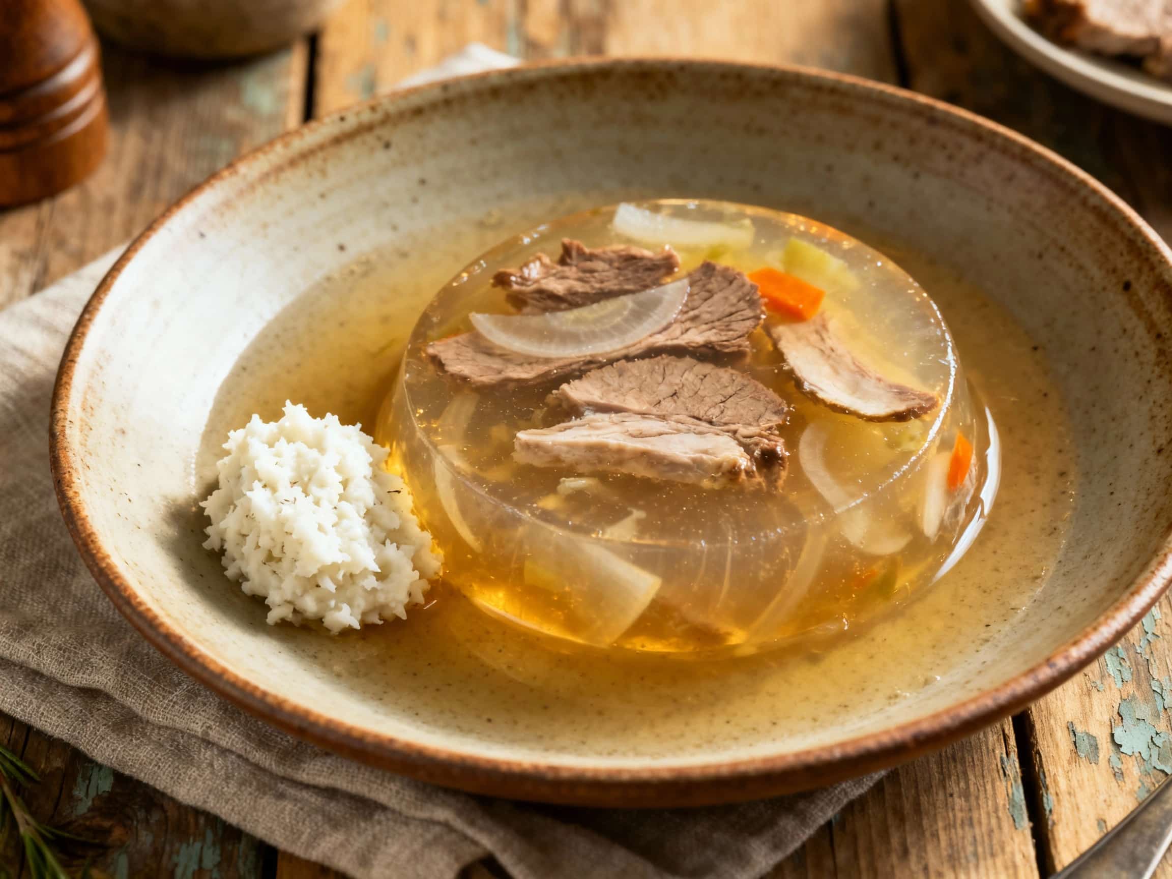 A glistening, translucent aspic mold of tender beef and pork, cubed and suspended within, sits deconstructed on a rustic wooden board, served with a dollop of white horseradish.