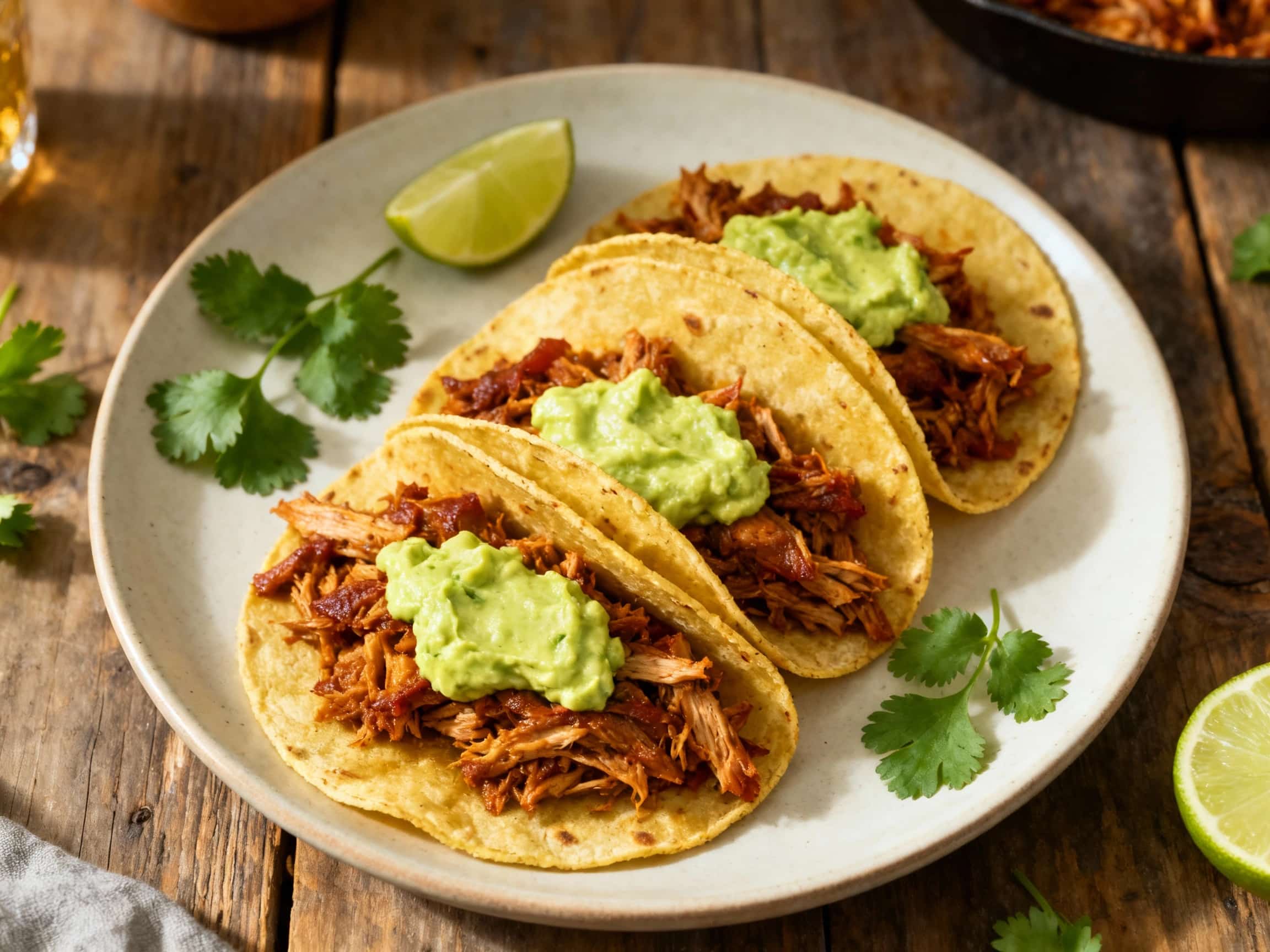 Vibrant cochinita pibil tacos are piled high on a rustic wooden board, drizzled with creamy avocado crema and garnished with fresh cilantro, ready to be devoured.