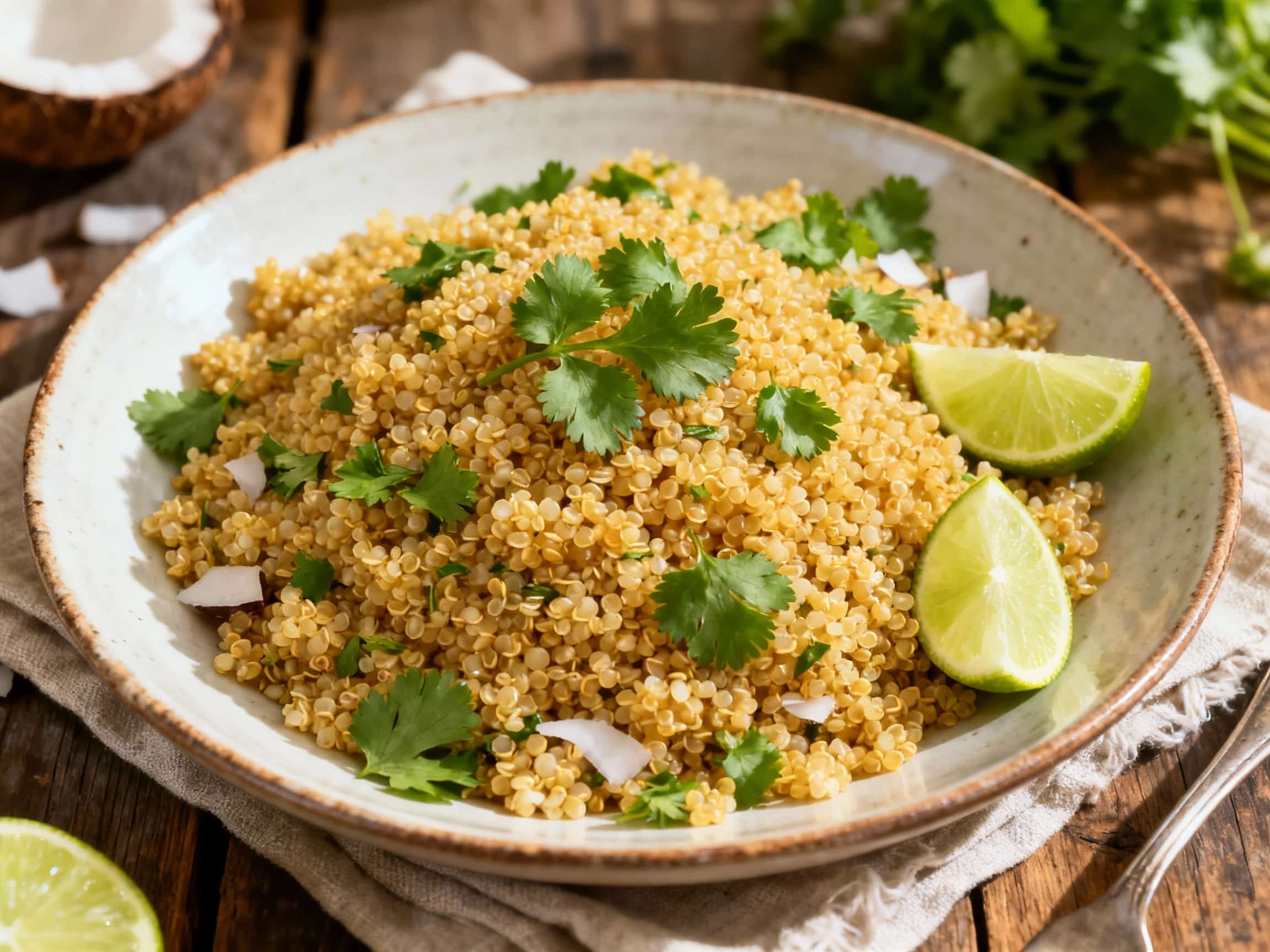 An overhead view of a vibrant Coconut Lime Cilantro Quinoa Pilaf in a rustic ceramic bowl. The fluffy quinoa is generously garnished with bright green chopped cilantro, fresh lime wedges, and toasted slivered almonds, creating a medley of fresh colors and enticing textures. The dish is invitingly presented on a simple wooden surface under soft, natural light, making it look wholesome and delicious