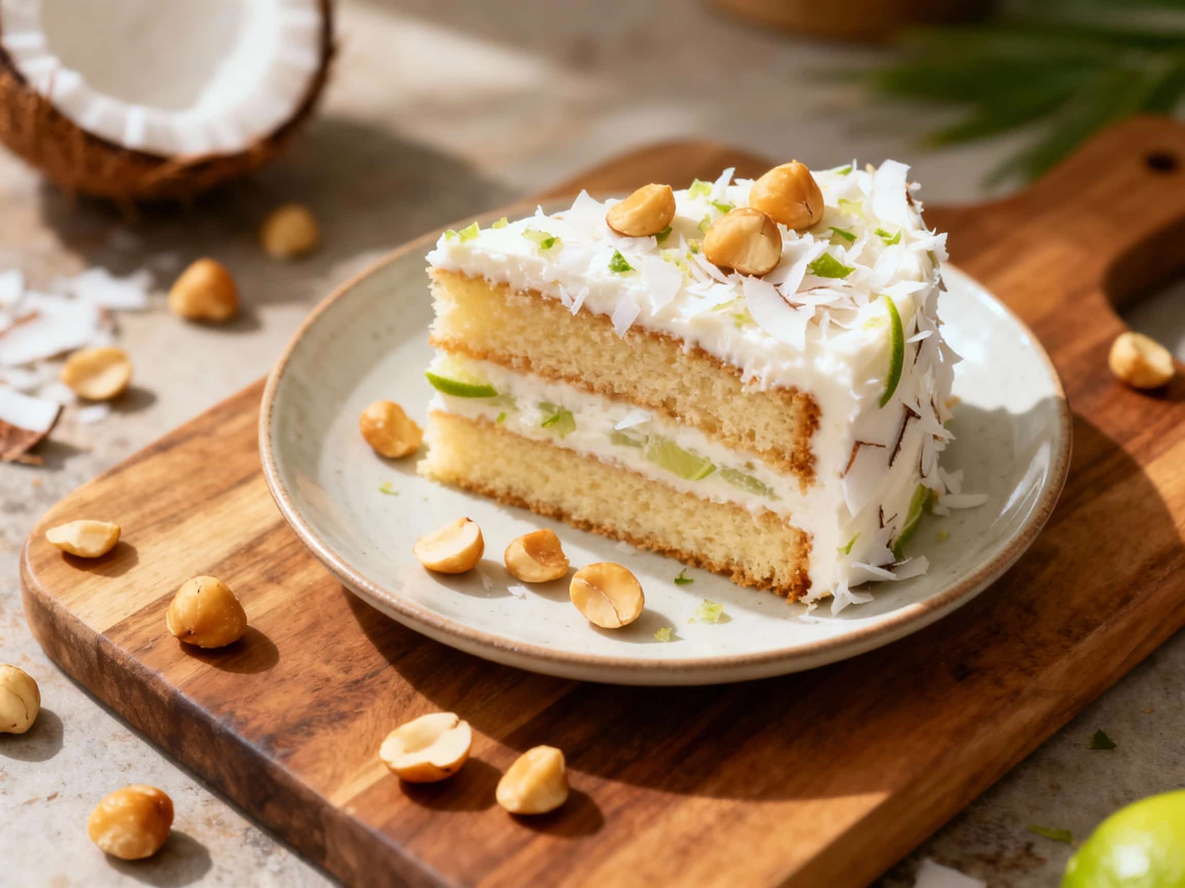 A beautifully decorated three-layer cake frosted with white coconut-lime buttercream, generously topped with crumbled macadamia nuts, and garnished with lime zest and edible flowers.