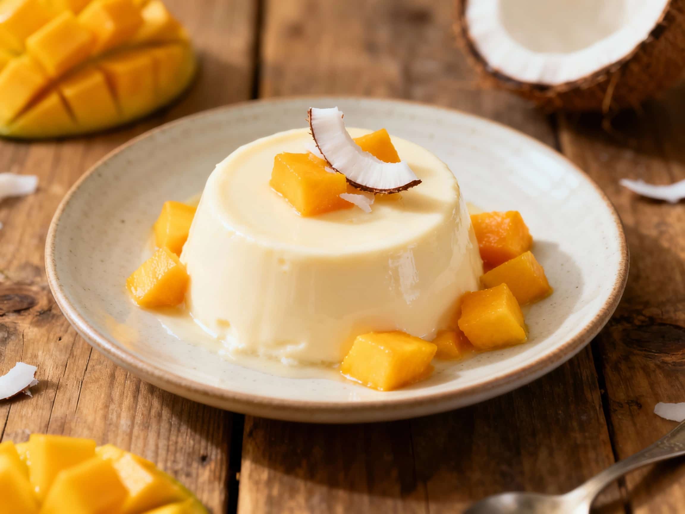 A creamy, glistening coconut mango panna cotta is molded into a perfect dome, topped with fresh mango cubes and vibrant mint leaves, glistening under soft light for a refreshing tropical dessert.