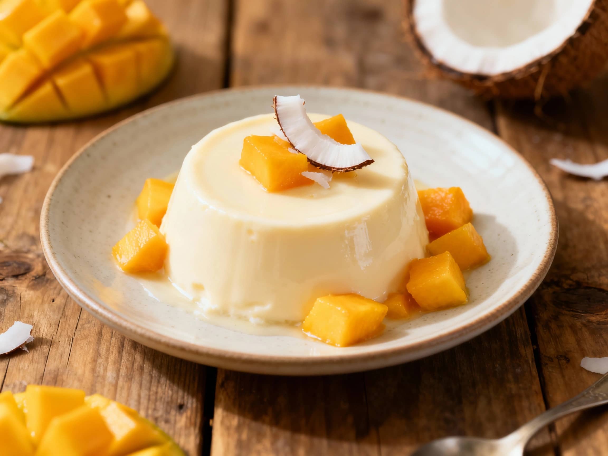 A creamy, glistening coconut mango panna cotta is molded into a perfect dome, topped with fresh mango cubes and vibrant mint leaves, glistening under soft light for a refreshing tropical dessert.
