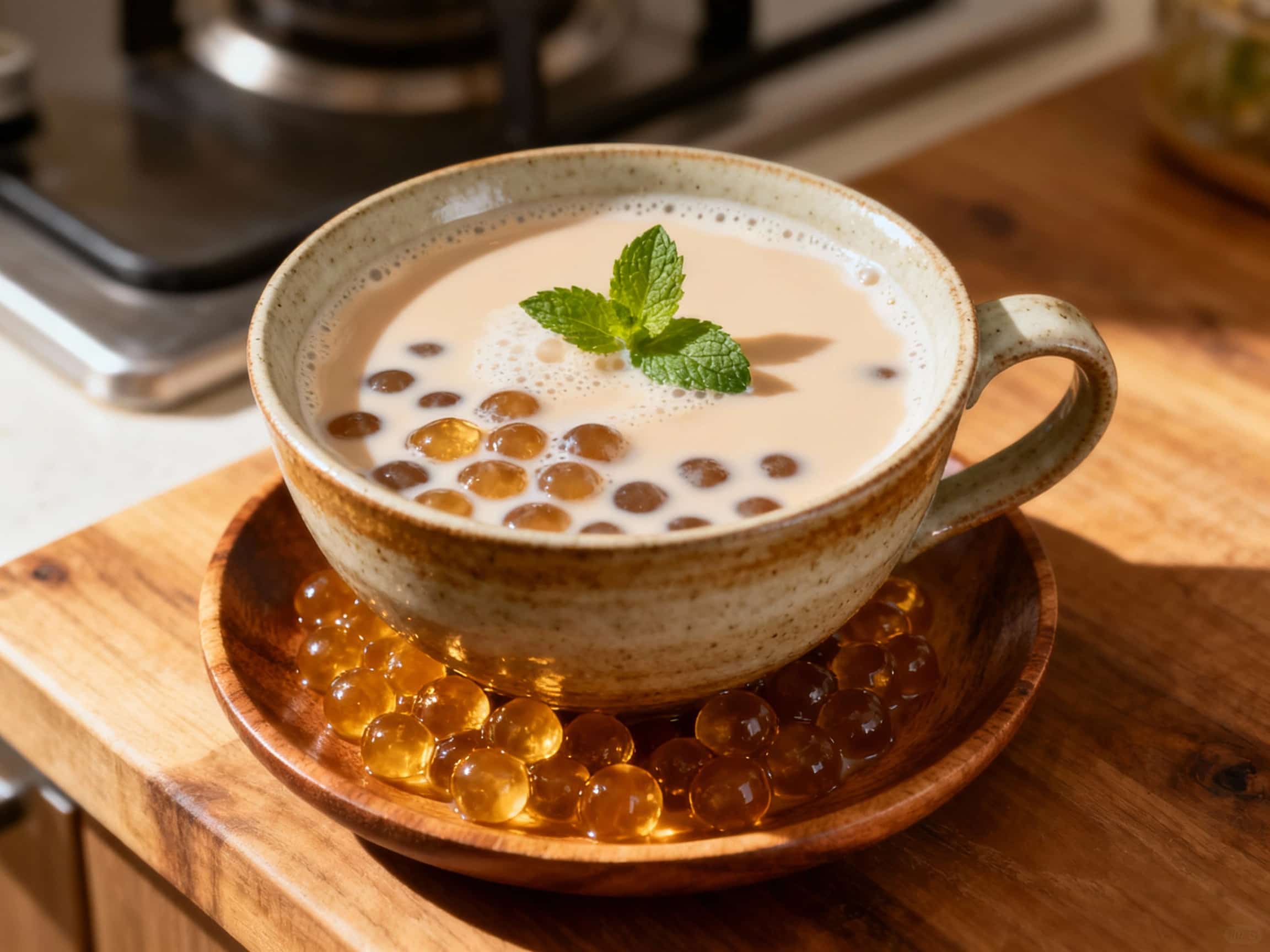Creamy, dark pearl milk tea with a frothy top, presented in a clear glass with condensation, hints at a refreshing and indulgent beverage.