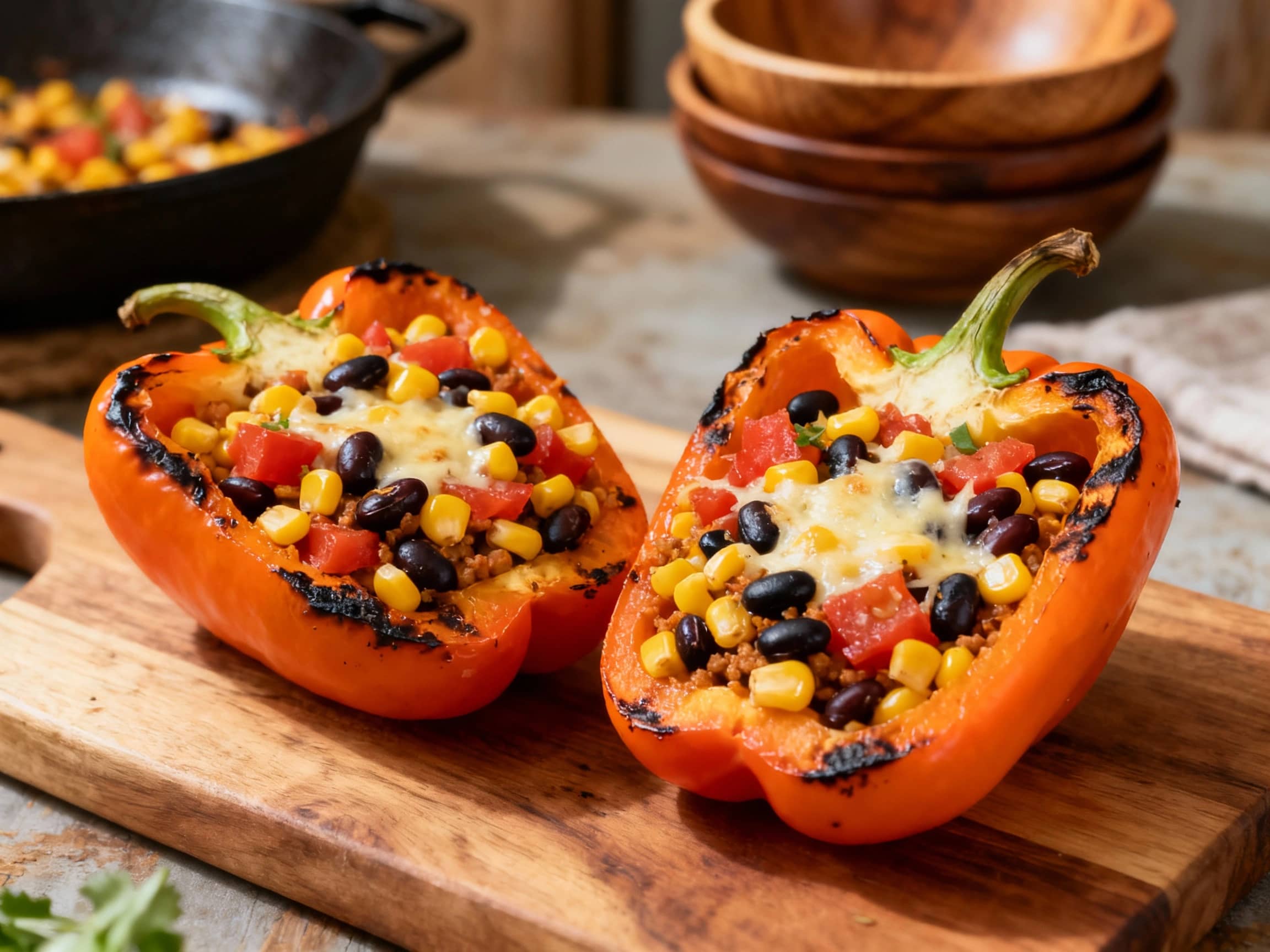 Colorful bell pepper halves overflowing with a hearty, savory mixture of corn and black beans bake to perfection under warm, inviting light, ready to be enjoyed.