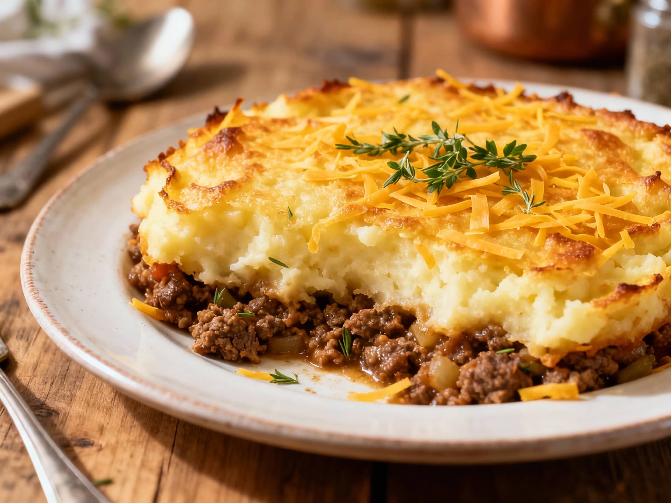 A rustic cottage pie, golden brown with melted cheddar cheese and fresh green herbs, sits invitingly on a wooden surface, promising a comforting and savory meal.