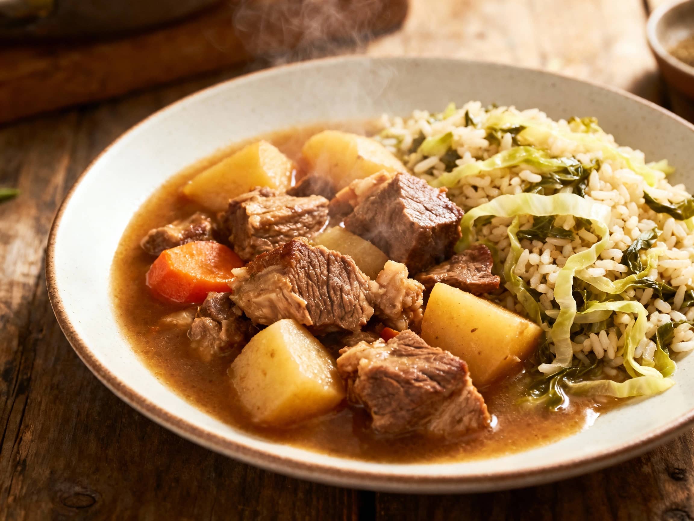 A rustic, steaming bowl of Portuguese cozido overflows with tender meats and vegetables, served alongside a mound of vibrant green arroz de couve, creating a hearty and comforting meal.