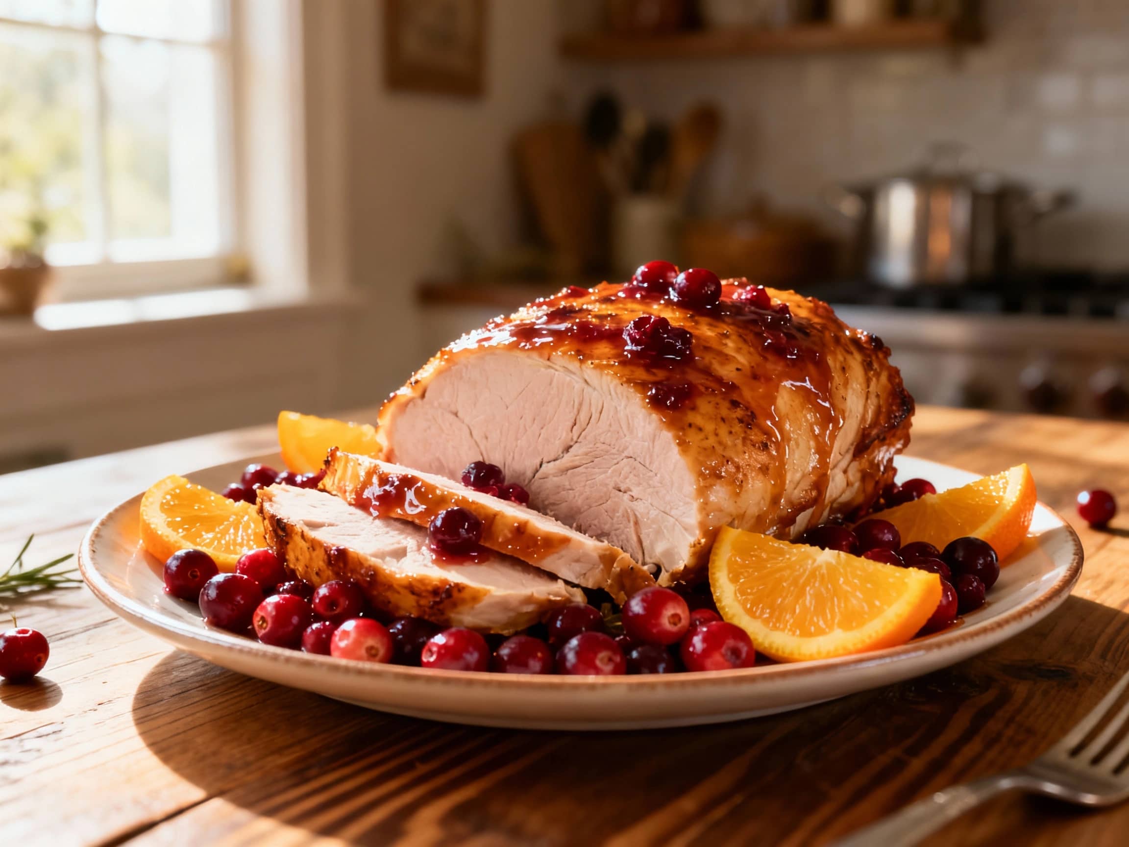 A golden-brown, roasted turkey breast, glistening with a subtle glaze and garnished with fresh orange slices and a sprinkle of cranberries, sits on a rustic wooden board bathed in warm, inviting light.