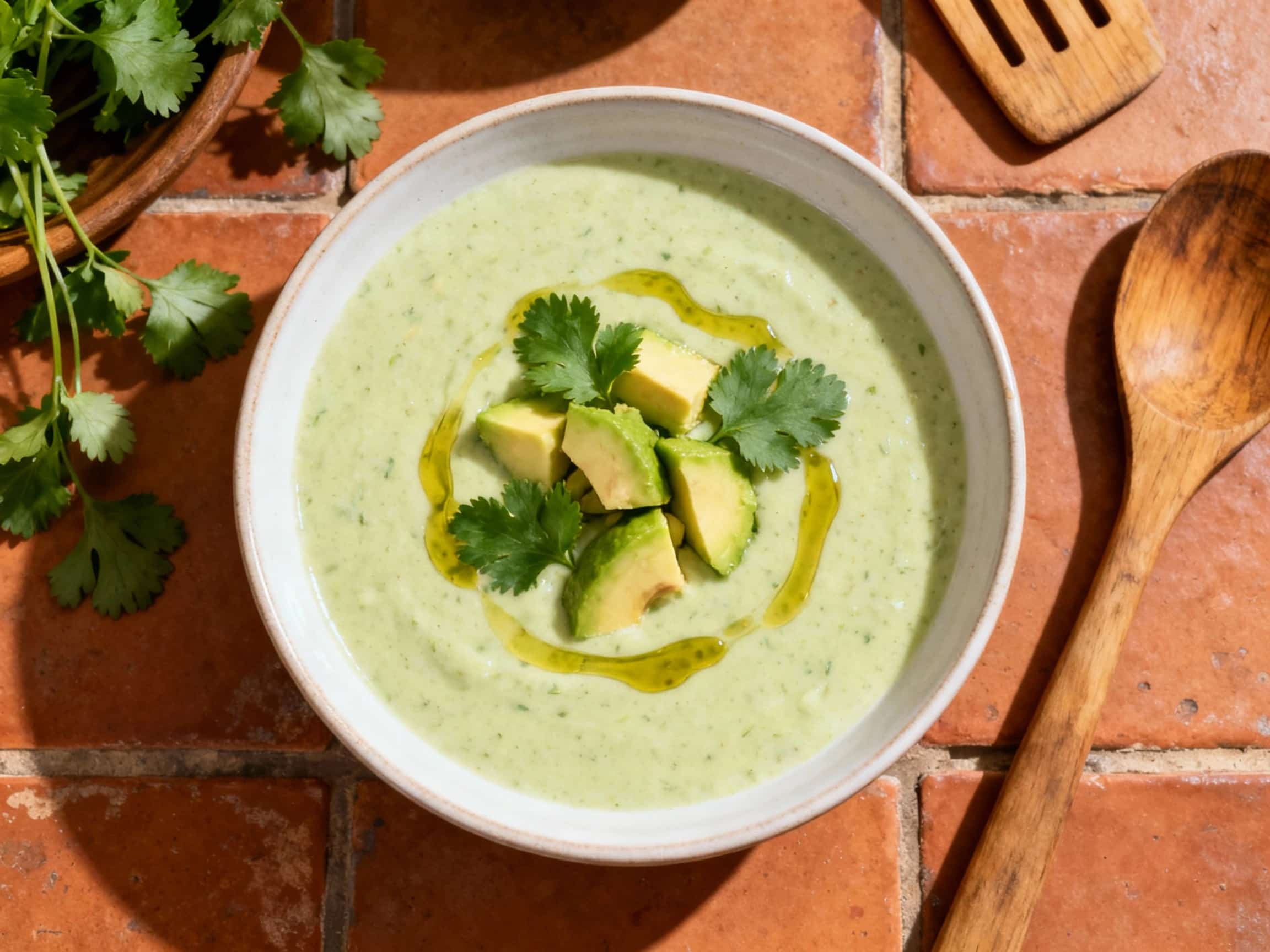 A vibrant, creamy green avocado soup is presented in a white bowl on a light wooden table. The soup is garnished with fresh cilantro leaves and delicate swirls, suggesting a refreshing and zesty flavor. The setting is bright and ethereal, emphasizing the dish's freshness and natural ingredients, evoking a sense of healthy, delicious dining.