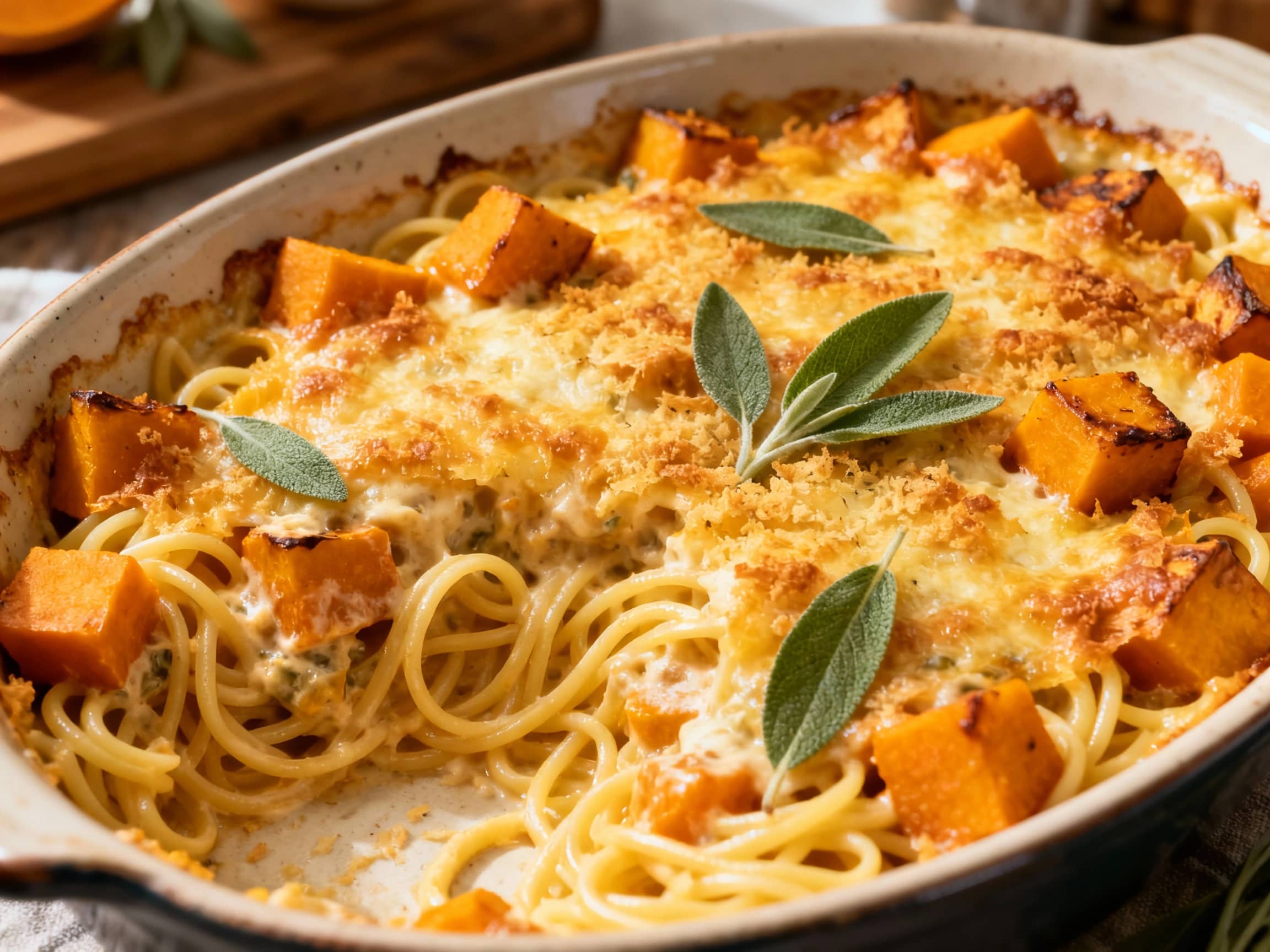 A vibrant and comforting creamy butternut squash and sage pasta bake in a white ceramic baking dish, freshly out of the oven with a golden-brown, crispy breadcrumb and Parmesan cheese topping. The rich, orange-hued squash sauce is bubbling around the edges, and fresh green sage leaves are sprinkled on top. The dish sits on a rustic wooden table, suggesting a cozy, home-cooked meal.