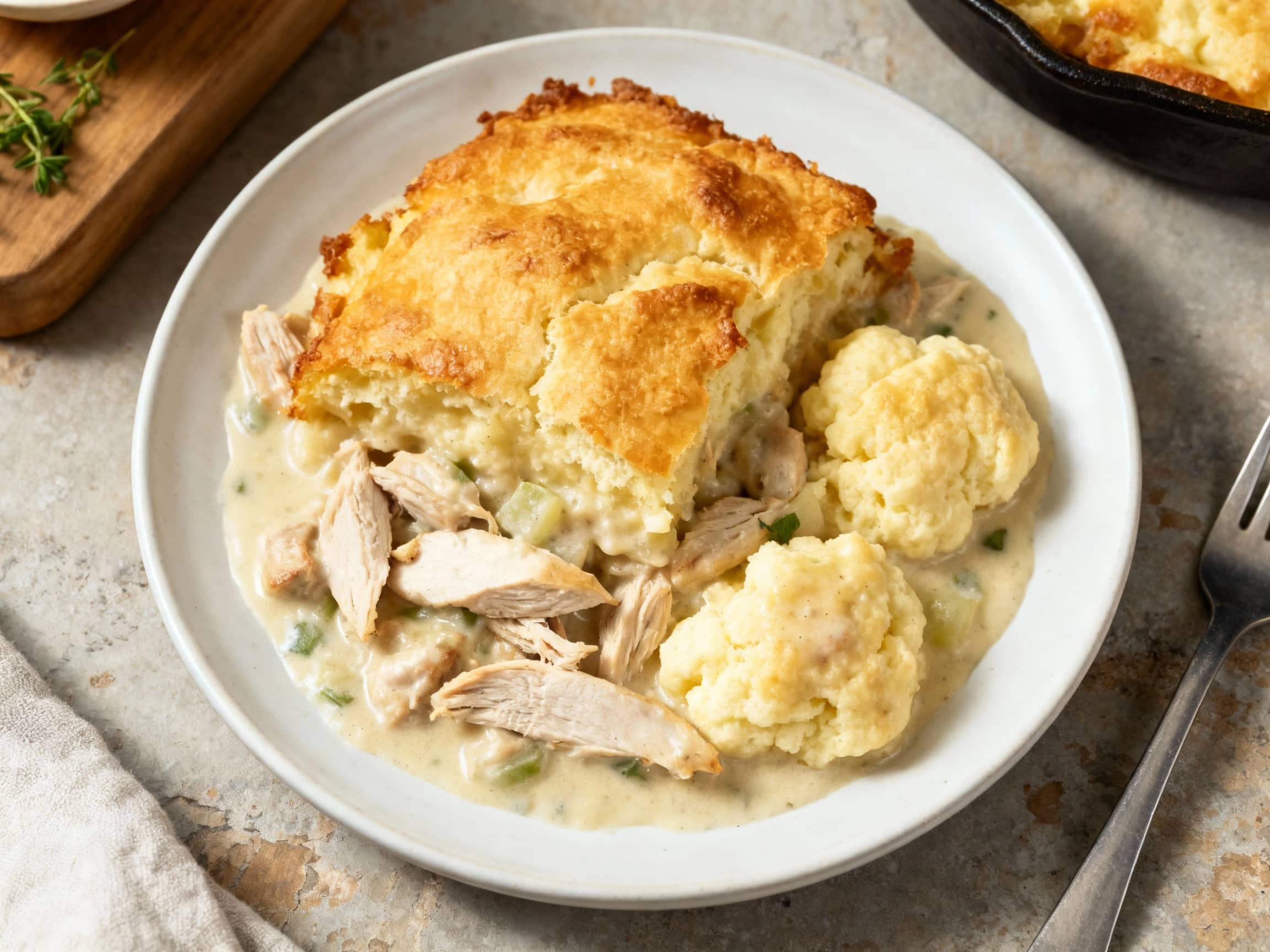 A comforting casserole dish is filled with tender chicken and fluffy dumplings in a creamy sauce, topped with a golden-brown crust.