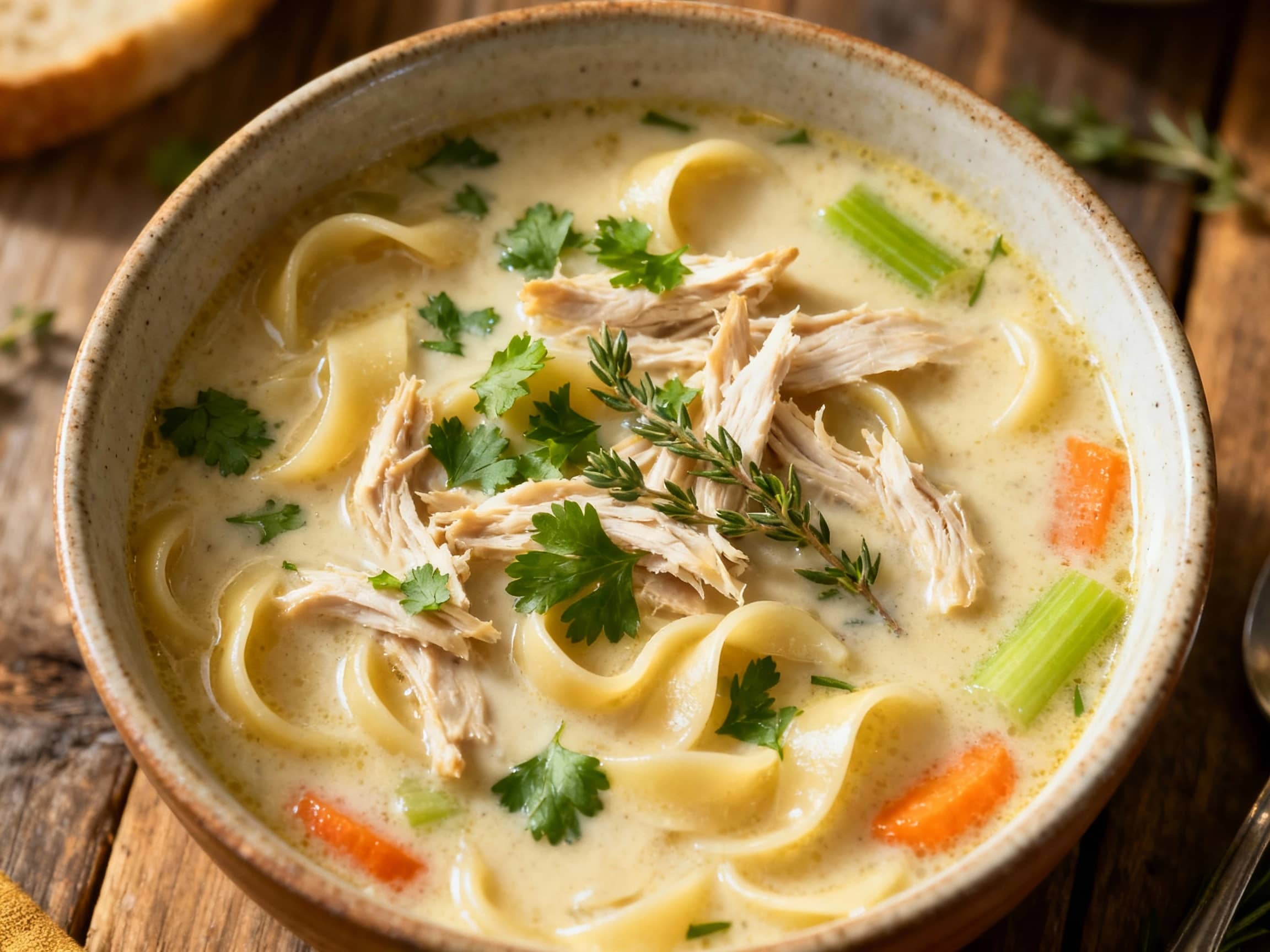 A comforting bowl of creamy chicken noodle soup, brimming with tender chicken, noodles, and vegetables, is generously garnished with fresh green herbs and served steaming hot.