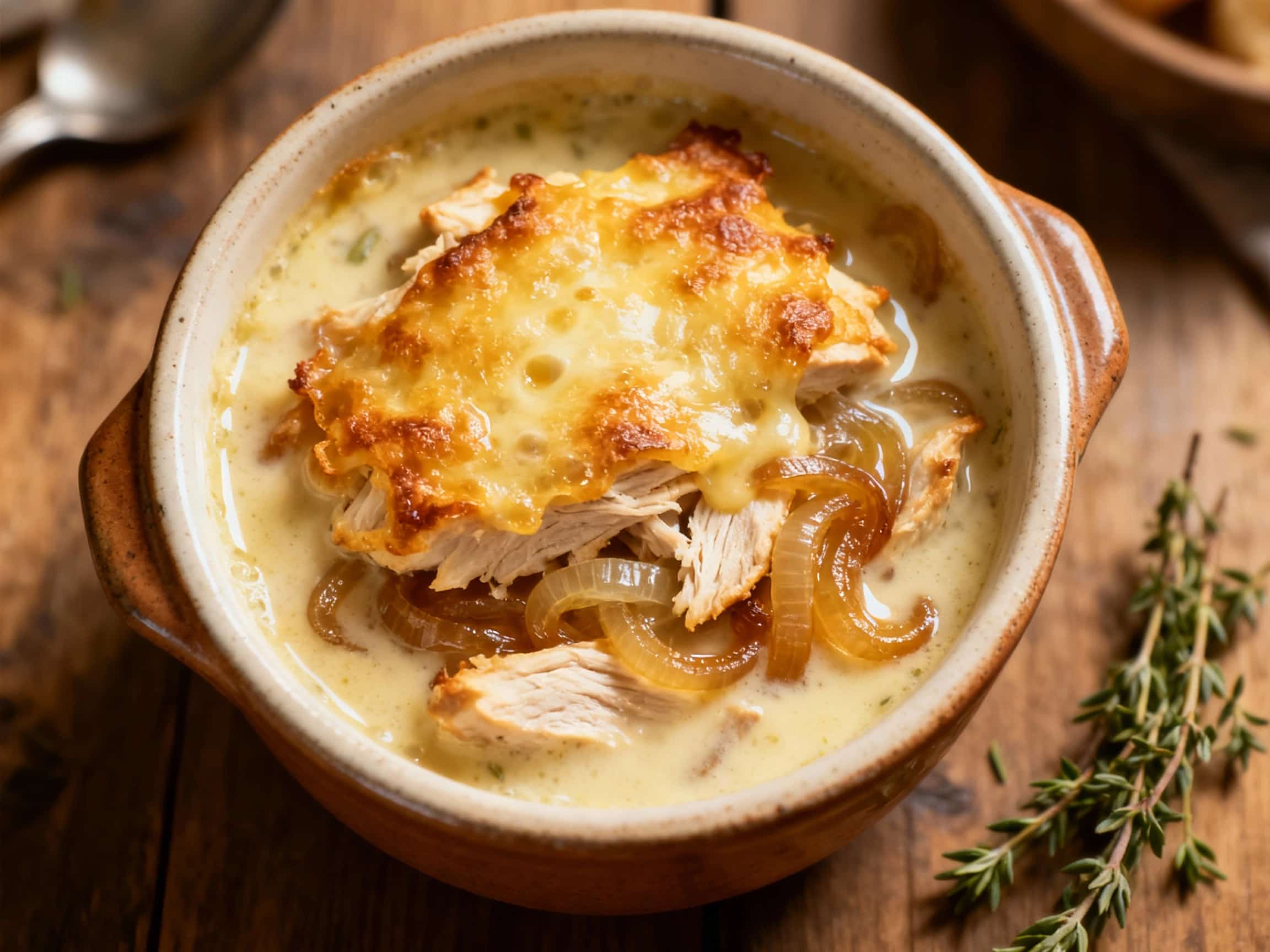 Creamy Chicken & Onion Gratinée Soup