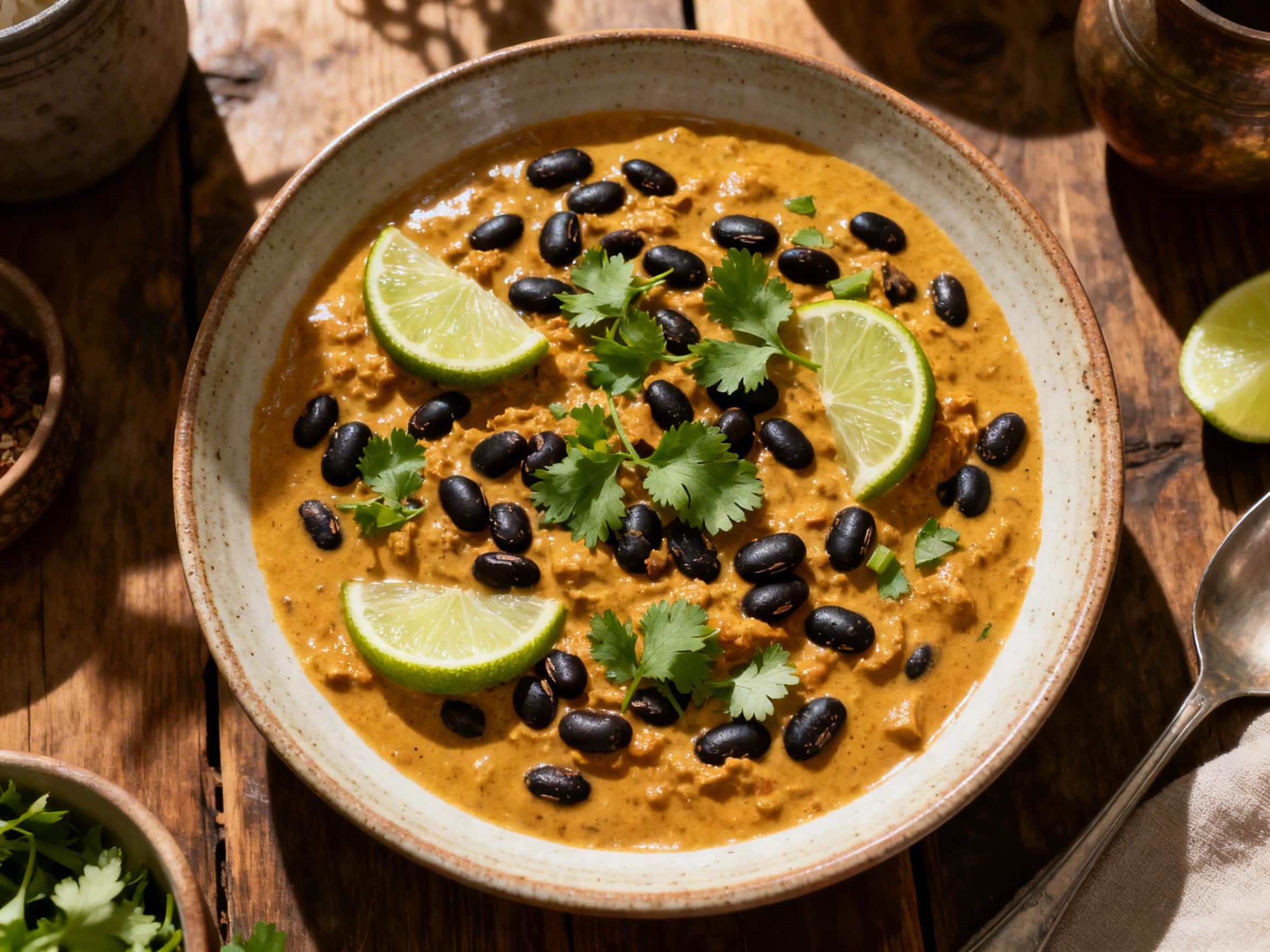 A rustic ceramic bowl filled with a vibrant, creamy coconut black bean curry, garnished with fresh cilantro and lime wedges. The golden-yellow curry has visible black beans and diced tomatoes, suggesting a rich texture. It is presented on a dark wooden surface alongside a small white bowl of fluffy basmati rice, creating an inviting and comforting meal scene that looks both healthy and delicious.