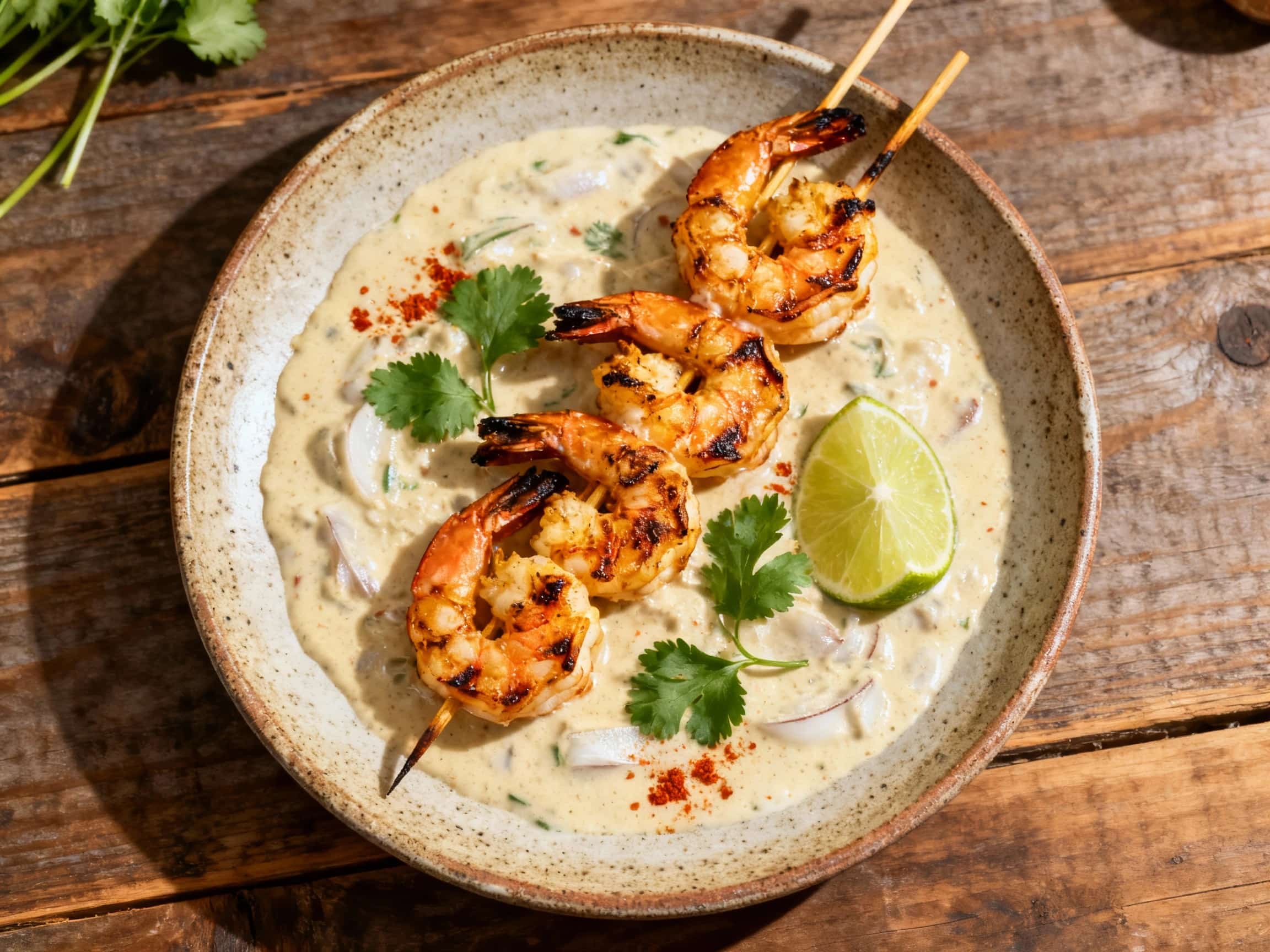 Brightly lit prawns, glistening with a creamy coconut curry sauce, are artfully arranged on skewers, ready for the oven or grill, promising a tropical flavor escape.