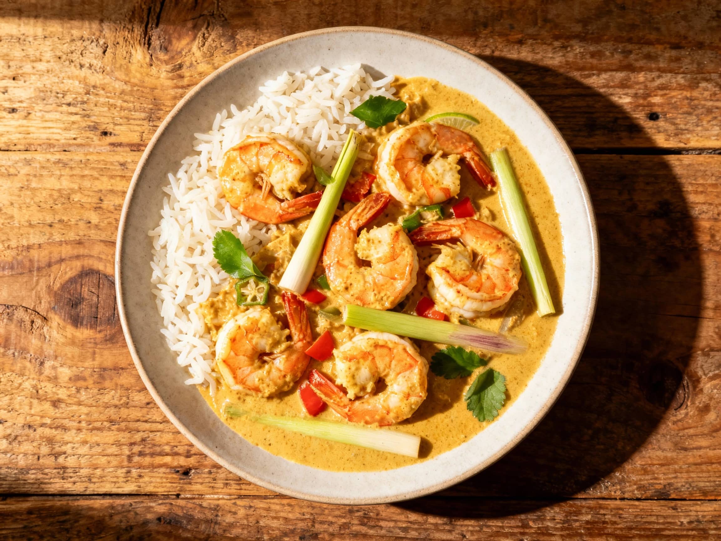 Plump, succulent shrimp in a rich, golden coconut curry sauce are artfully arranged in a white bowl, garnished with vibrant green cilantro and slivers of red chili, inviting a flavorful and aromatic dining experience.