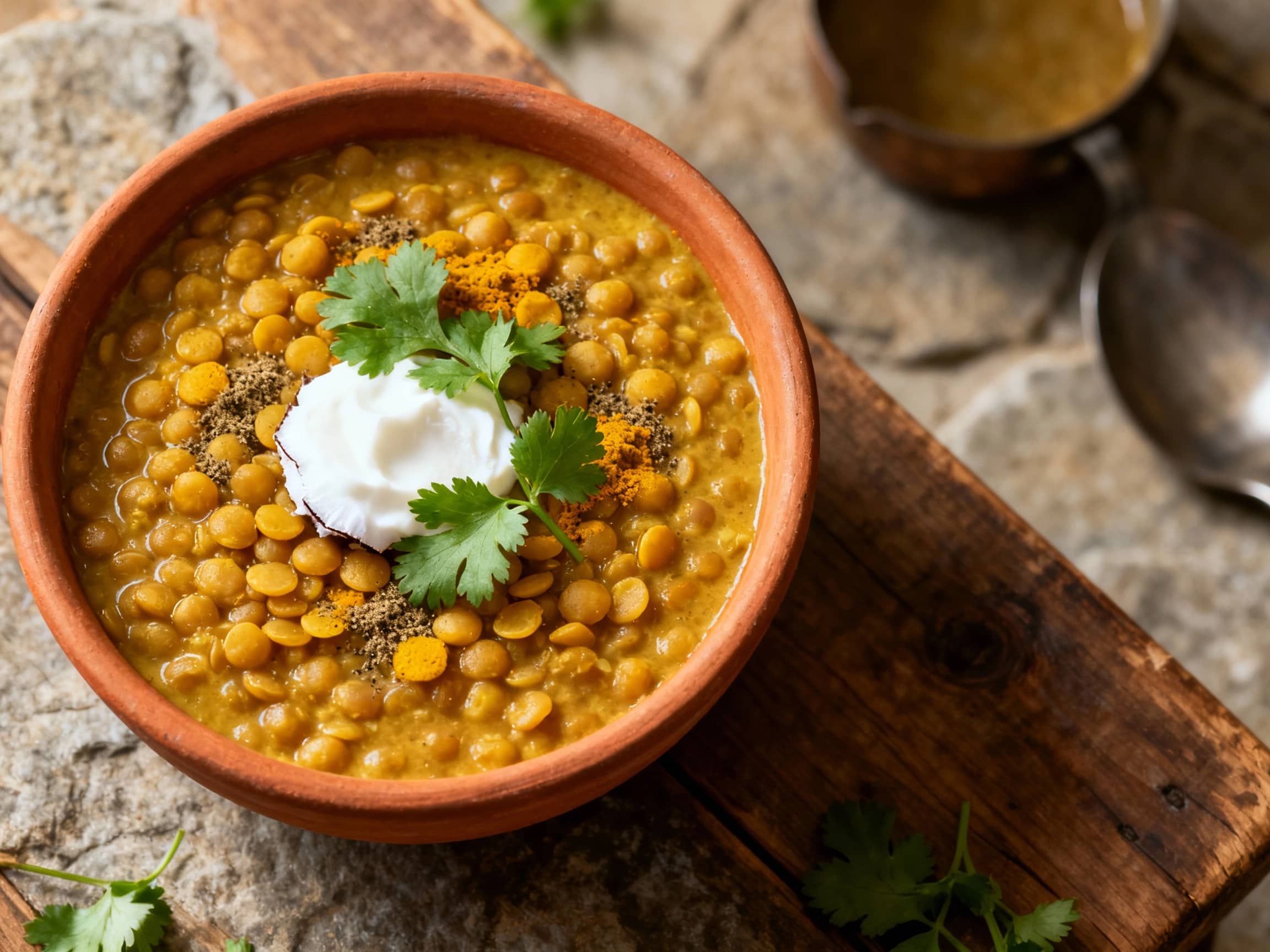 A close-up, overhead view of a steaming, vibrant orange Creamy Coconut Lentil Curry in a rustic ceramic bowl, garnished generously with fresh green cilantro and a delicate swirl of white coconut cream. The rich texture of the lentils and the glossy, creamy sauce are prominent, making the dish look incredibly inviting. It's presented on a dark wooden table, evoking warmth and comfort, ideal for a h