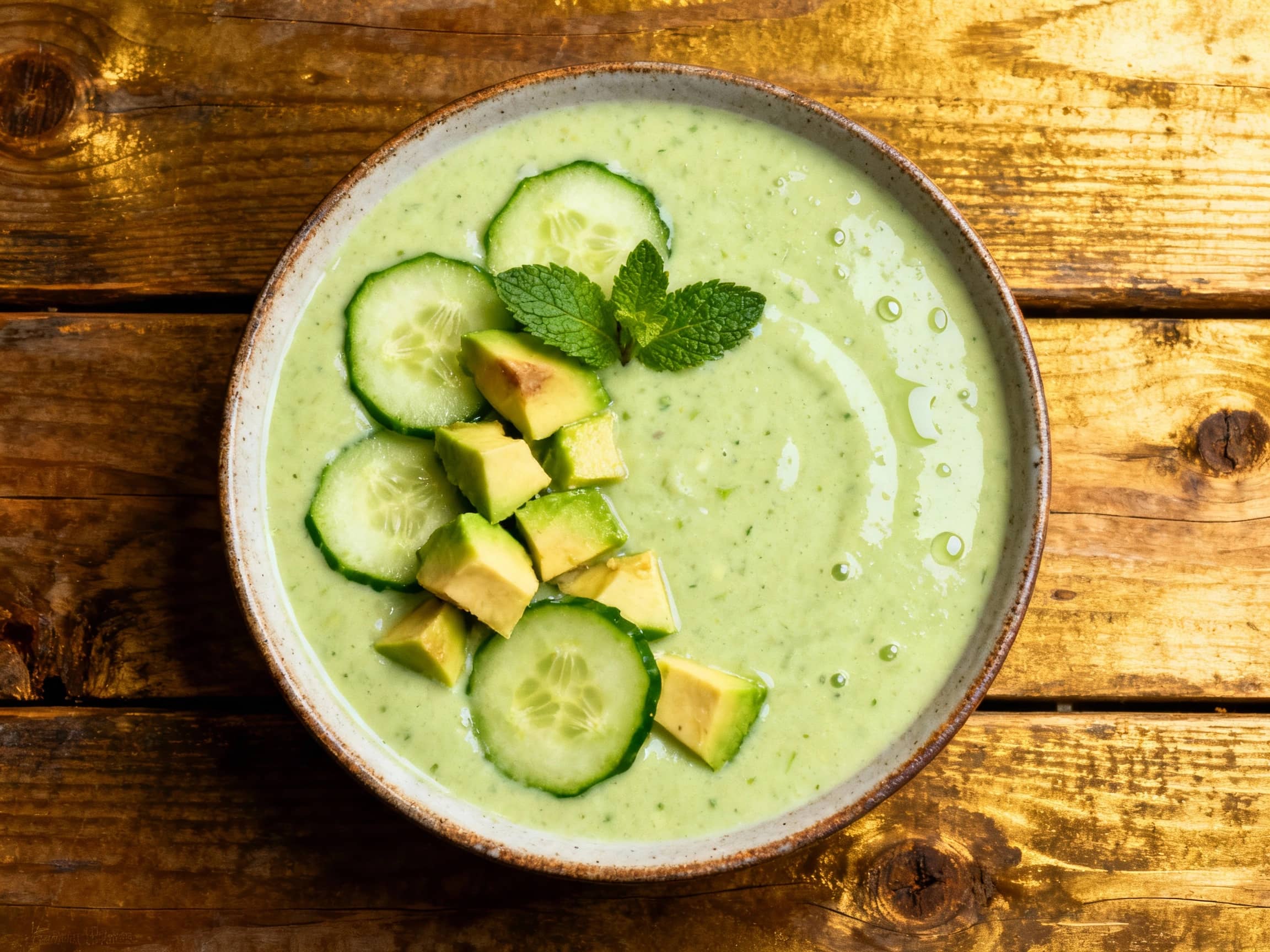 A chilled bowl of vibrant green gazpacho, garnished with fresh mint leaves, thin cucumber slices, and a swirl of avocado cream, is ready to refresh on a brightly lit table.