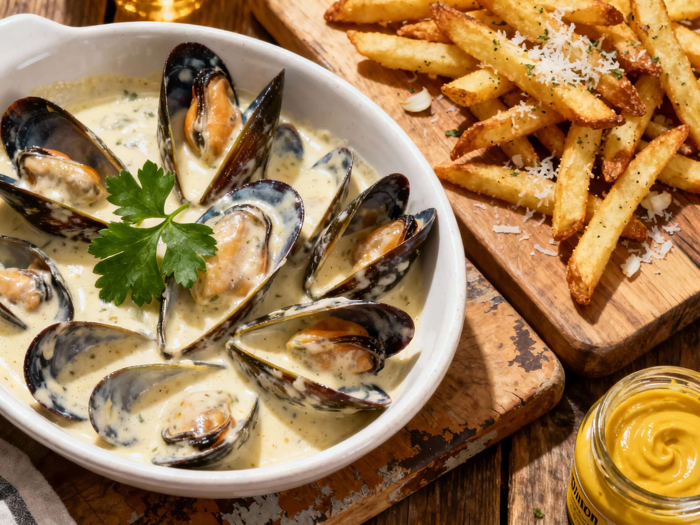 Steaming mussels bathe in a rich, creamy Dijon sauce, served alongside golden brown, crispy garlic Parmesan fries, creating a comforting and elegant dish perfect for a cozy meal.