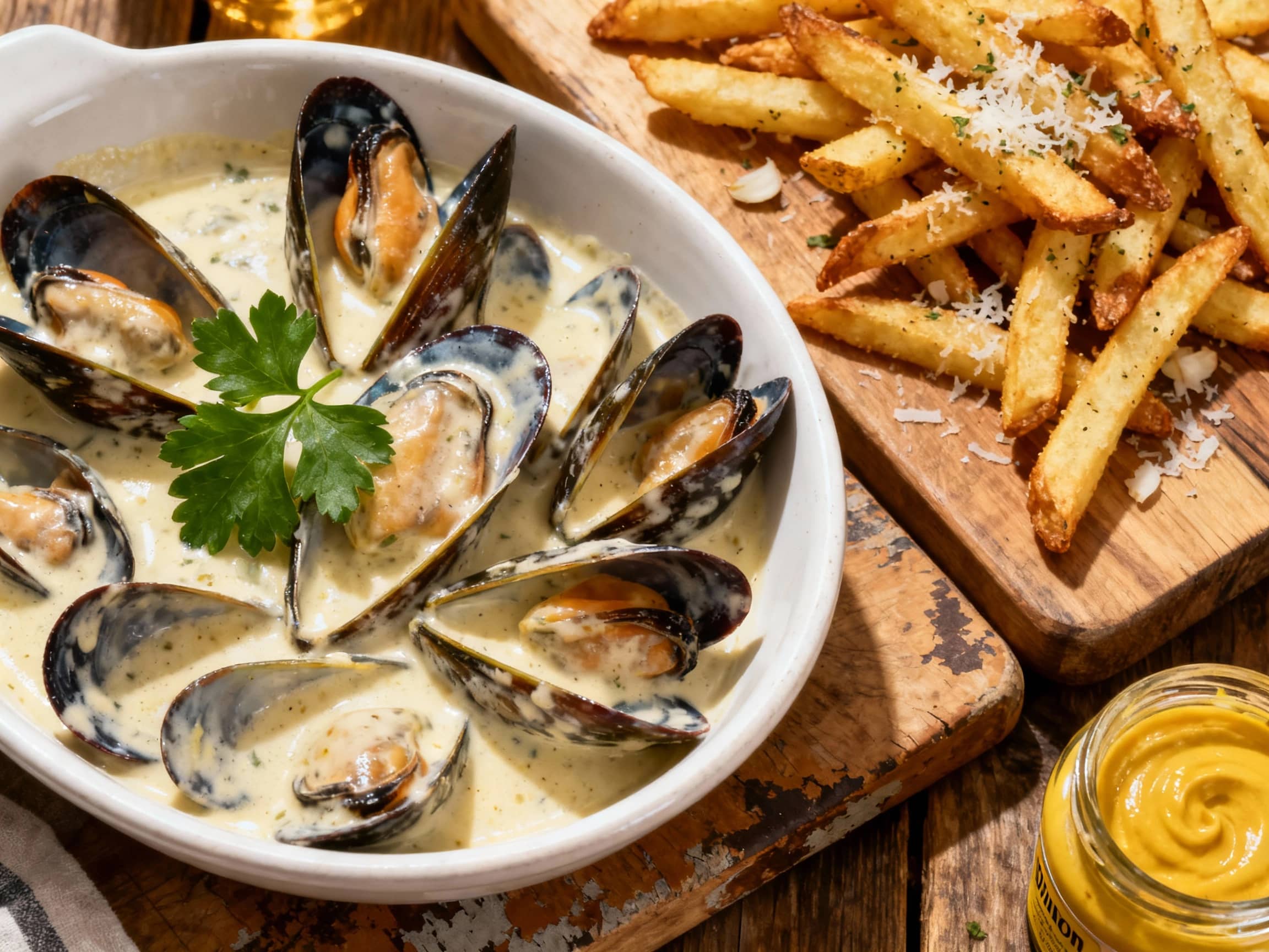 Steaming mussels bathe in a rich, creamy Dijon sauce, served alongside golden brown, crispy garlic Parmesan fries, creating a comforting and elegant dish perfect for a cozy meal.