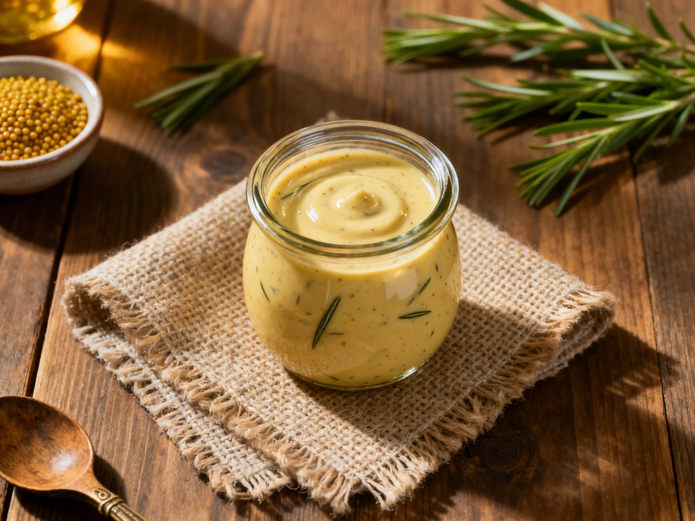 A close-up of a perfectly emulsified, creamy Dijon Tarragon Vinaigrette in a small glass jar, adorned with visible specks of fresh green tarragon. The golden-yellow dressing sits on a rustic wooden cutting board, with a small wooden spoon dipped into it, evoking a fresh and bright culinary scene.