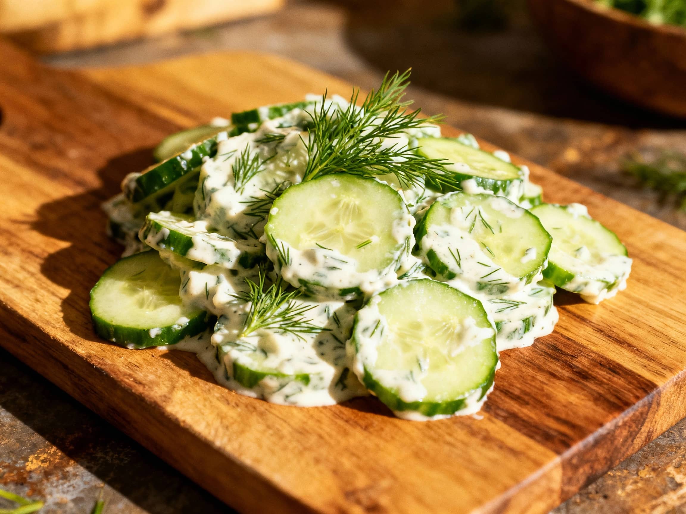 A bright and refreshing creamy dill cucumber salad is generously garnished with fresh dill sprigs and served in a white ceramic bowl, perfect for a light side dish.