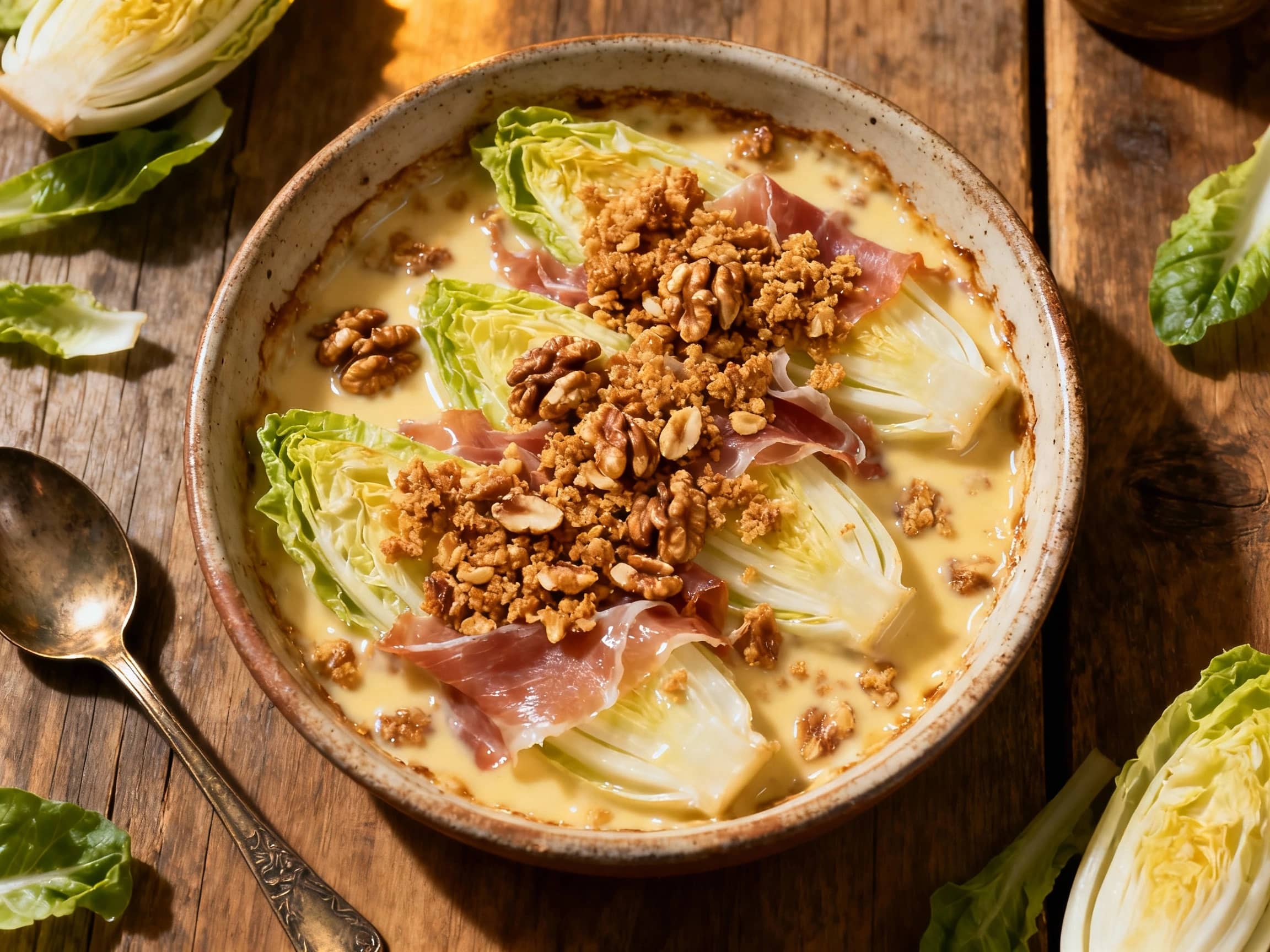 A golden-brown casserole dish is filled with tender, lightly wilted Belgian endive leaves wrapped in salty prosciutto, baked until bubbly and topped with a crunchy toasted walnut crumble.